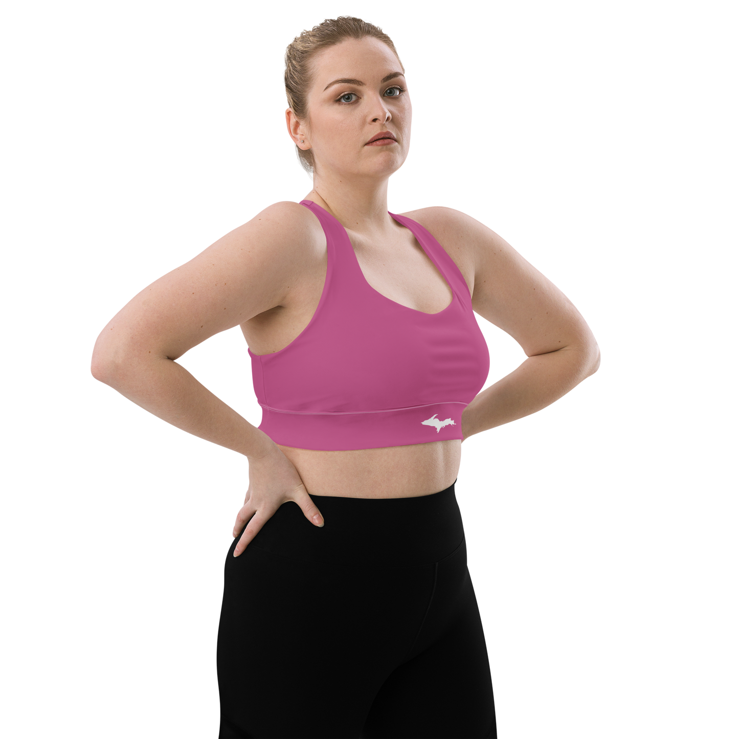 Michigan Upper Peninsula Longline Sports Bra (w/ UP Outline) | Apple Blossom Pink