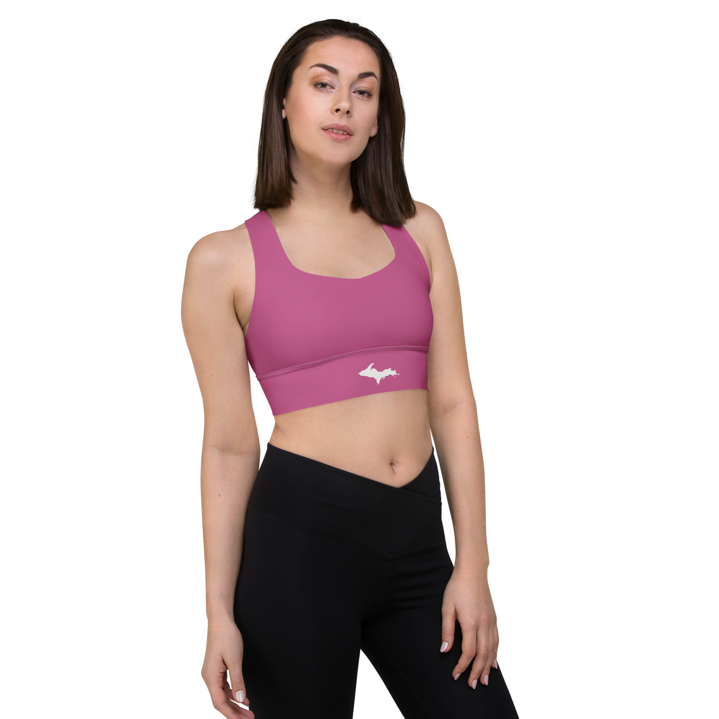 Michigan Upper Peninsula Longline Sports Bra (w/ UP Outline) | Apple Blossom Pink