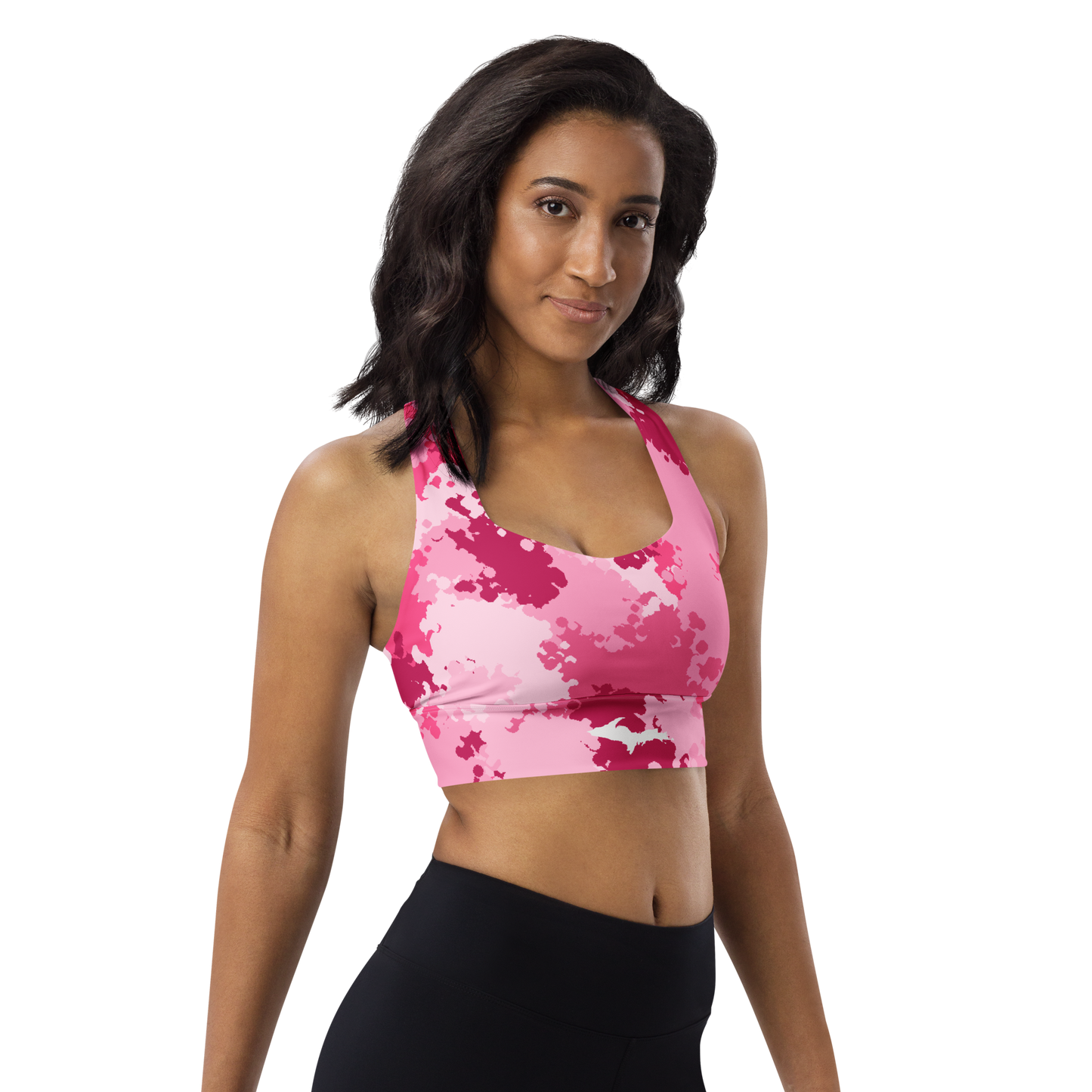 Michigan Upper Peninsula Longline Sports Bra (w/ UP Outline) | Pink Camo