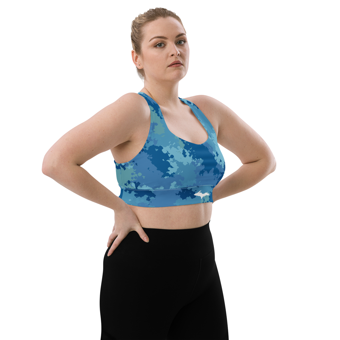 Michigan Upper Peninsula Longline Sports Bra (w/ UP Outline) | Great Lakes Camo