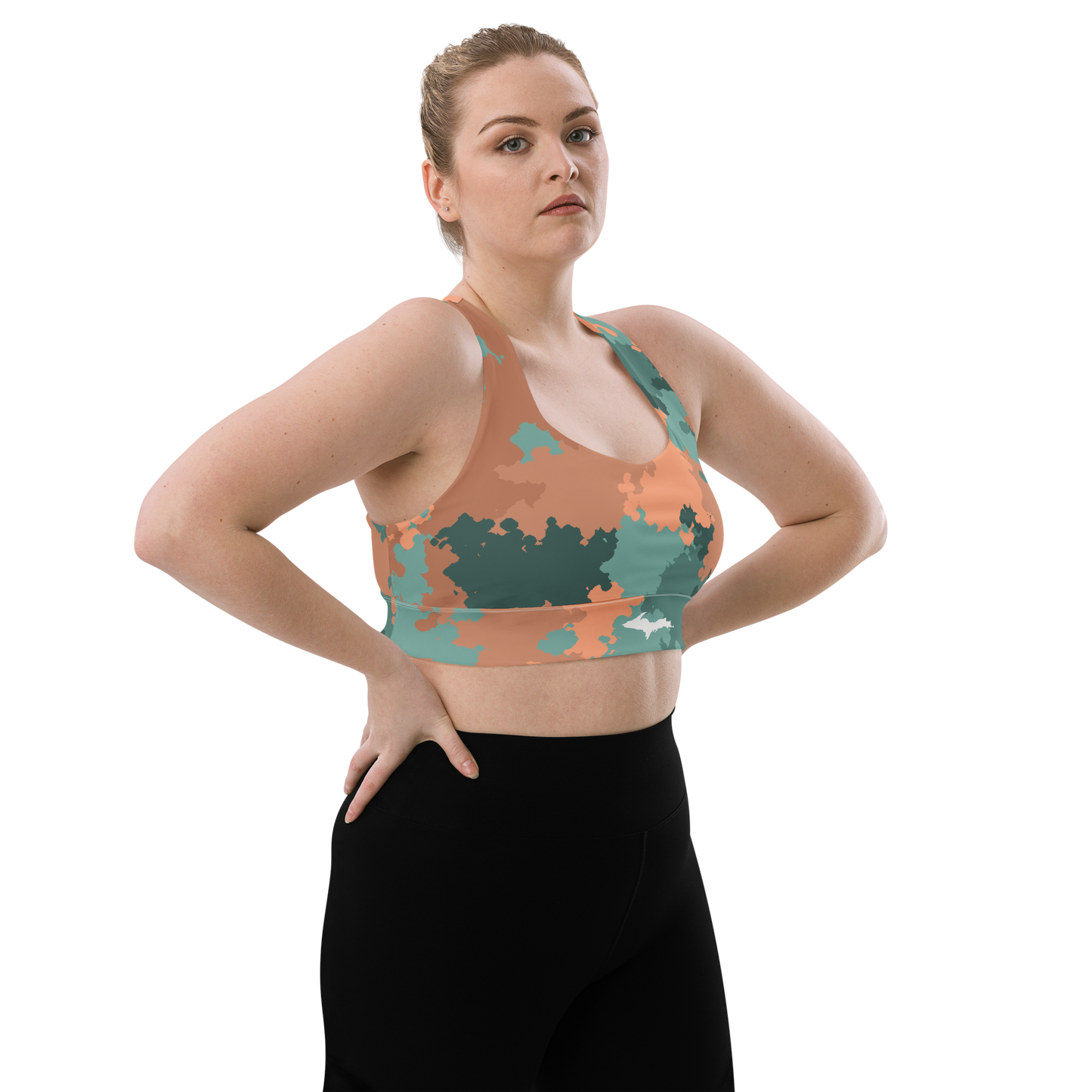 Michigan Upper Peninsula Longline Sports Bra (w/ UP Outline) | Copper County Camo