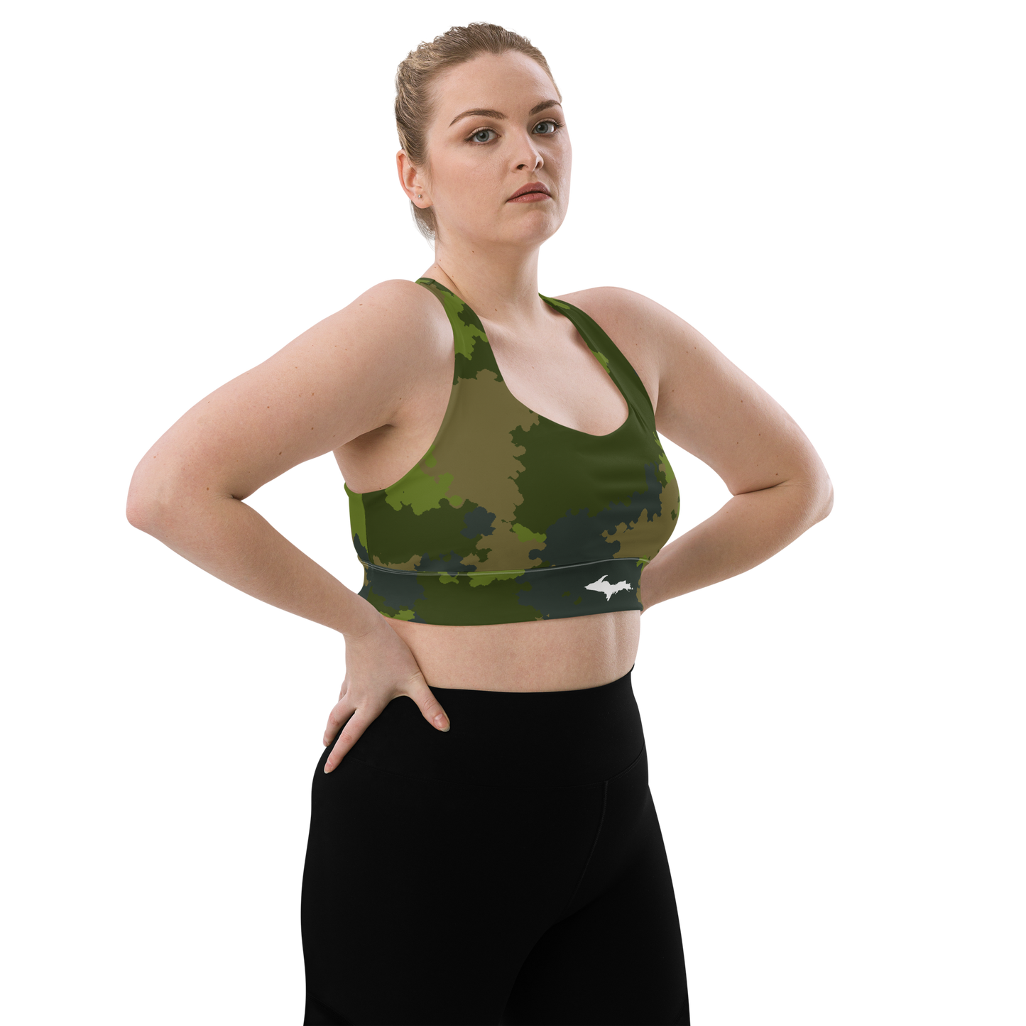 Michigan Upper Peninsula Longline Sports Bra (w/ UP Outline) | Woodland Camo