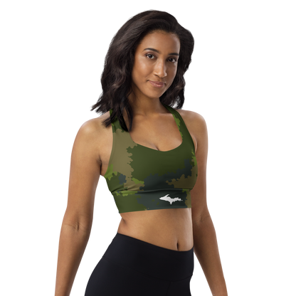 Michigan Upper Peninsula Longline Sports Bra (w/ UP Outline) | Woodland Camo