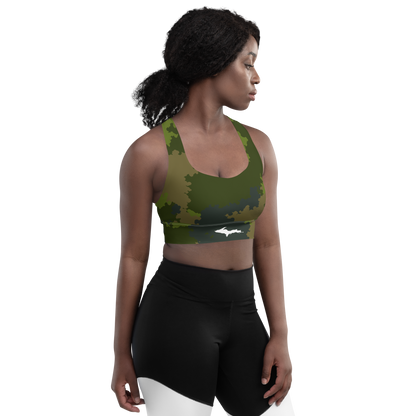 Michigan Upper Peninsula Longline Sports Bra (w/ UP Outline) | Woodland Camo