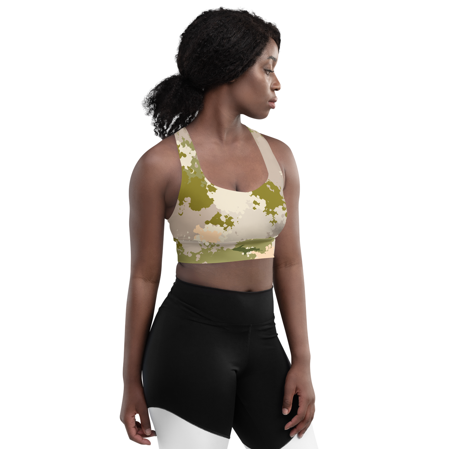 Michigan Upper Peninsula Longline Sports Bra (w/ UP Outline) | Rosy Mound Camo