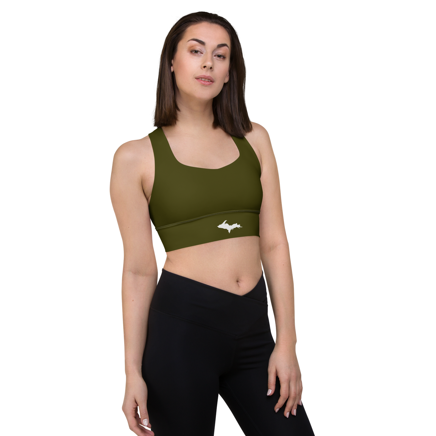 Michigan Upper Peninsula Longline Sports Bra (w/ UP Outline) | Military Green