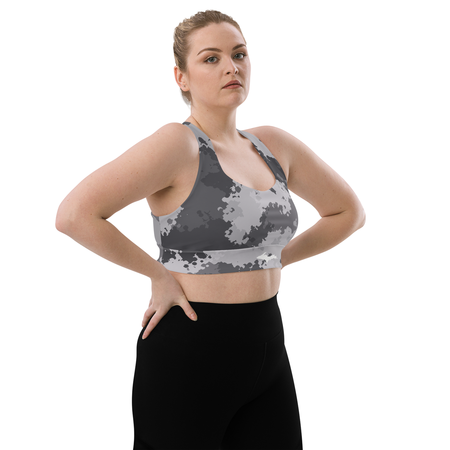 Michigan Upper Peninsula Longline Sports Bra (w/ UP Outline) | Iron Ore Grey