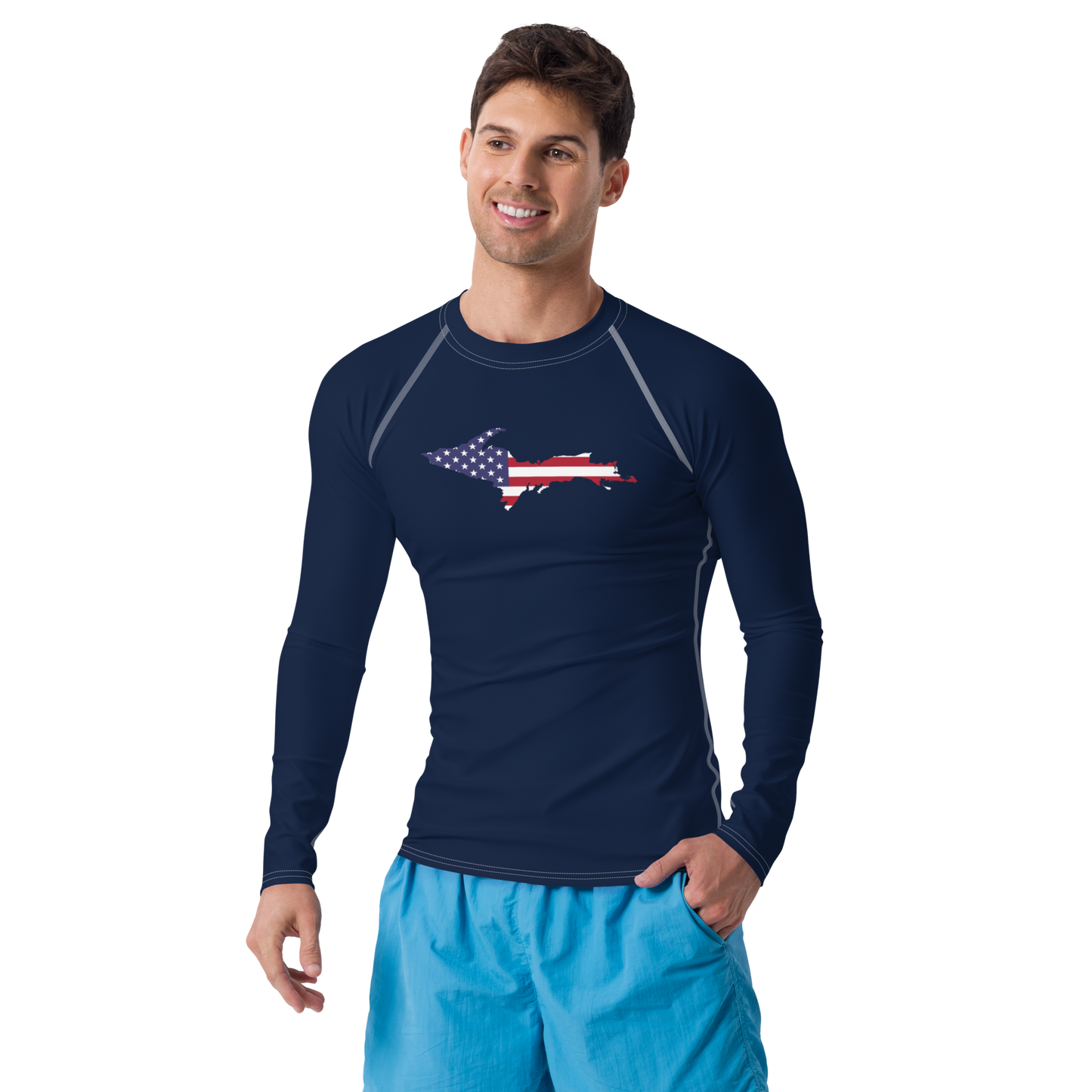 Michigan Upper Peninsula Rash Guard (w/ UP USA Flag Outline) | Men's - Navy