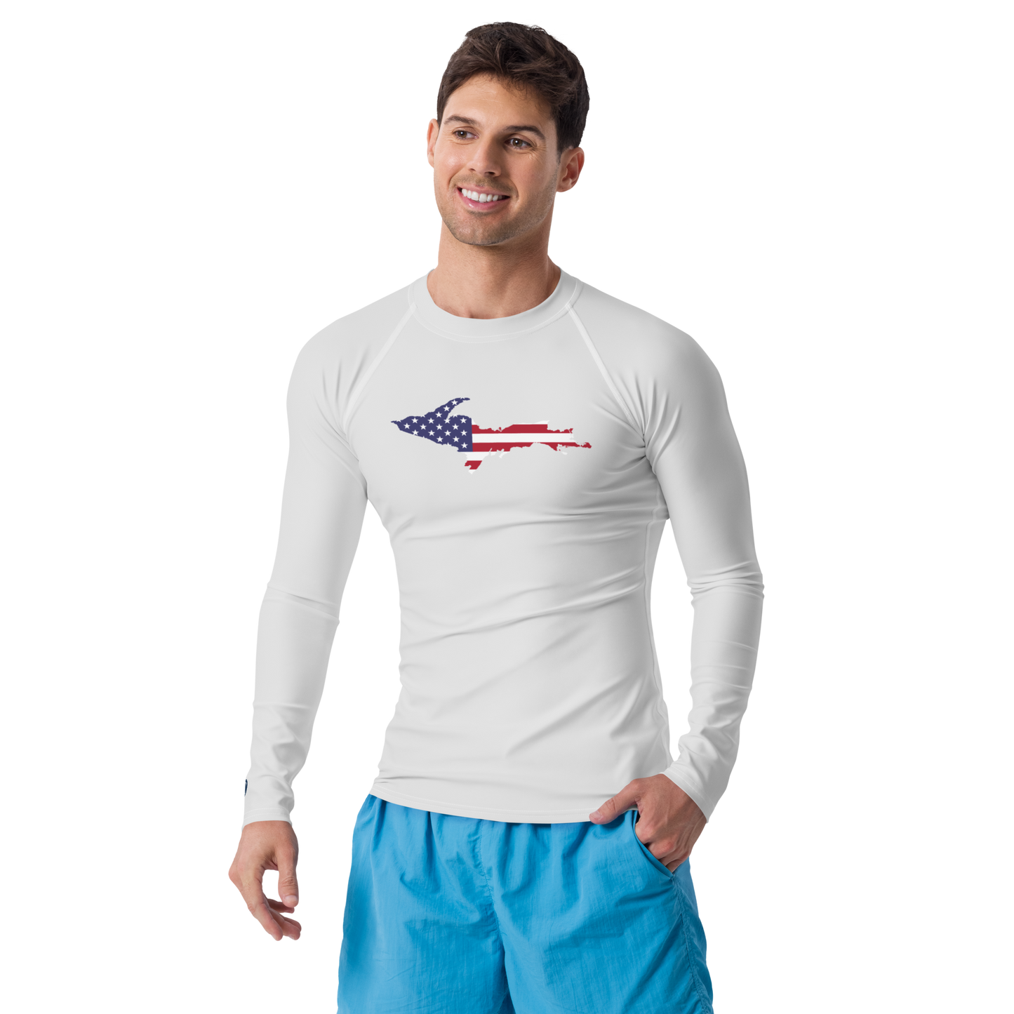 Michigan Upper Peninsula Rash Guard (w/ UP USA Flag) | Men's - Birch Bark White