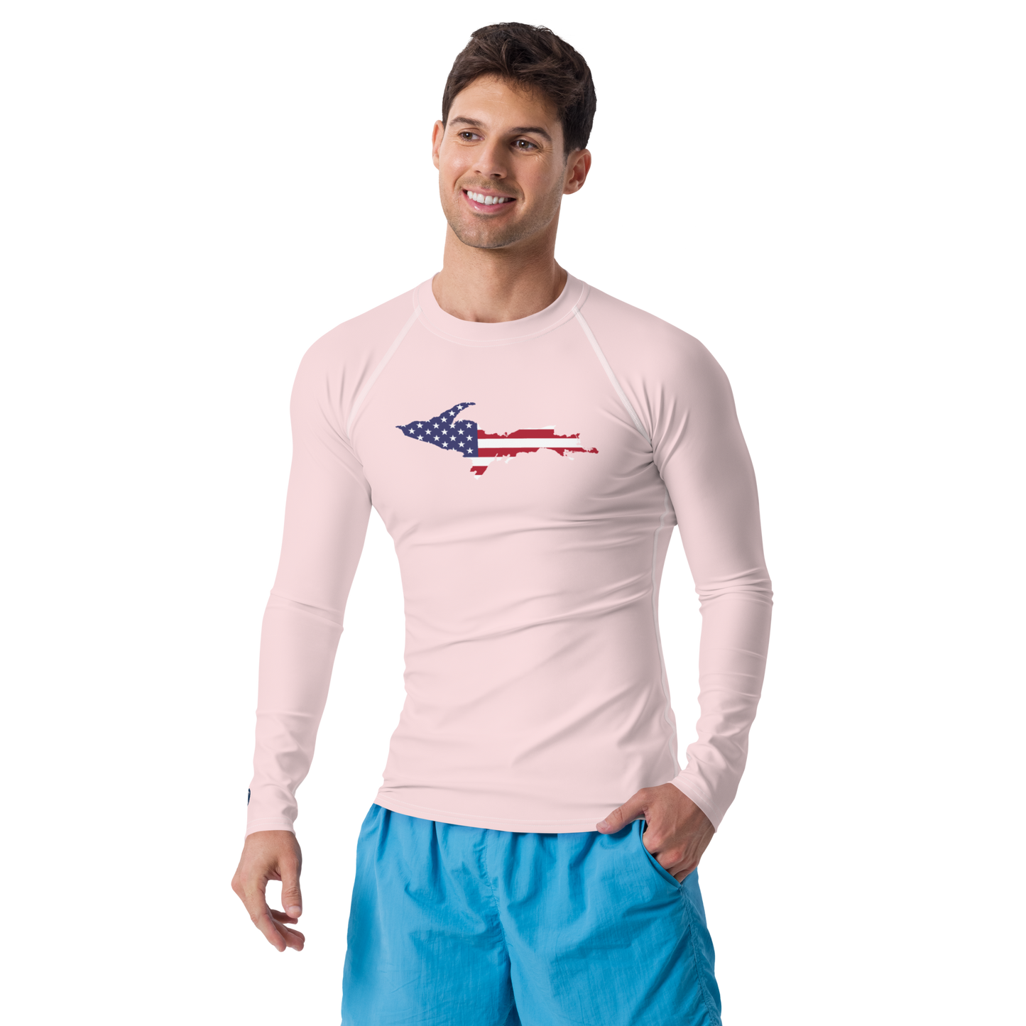 Michigan Upper Peninsula Rash Guard (w/ UP USA Flag) | Men's - Pale Pink