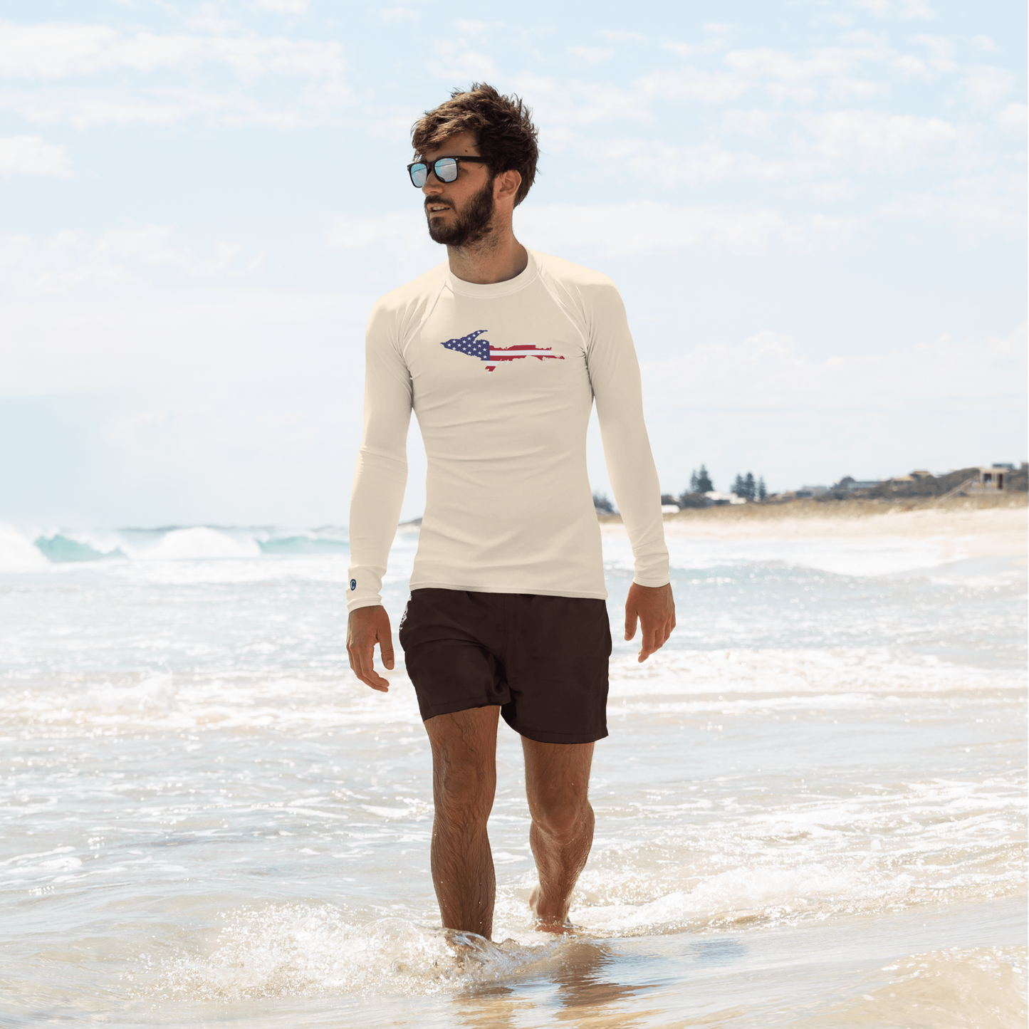 Michigan Upper Peninsula Rash Guard (w/ UP USA Flag) | Men's - Champagne White