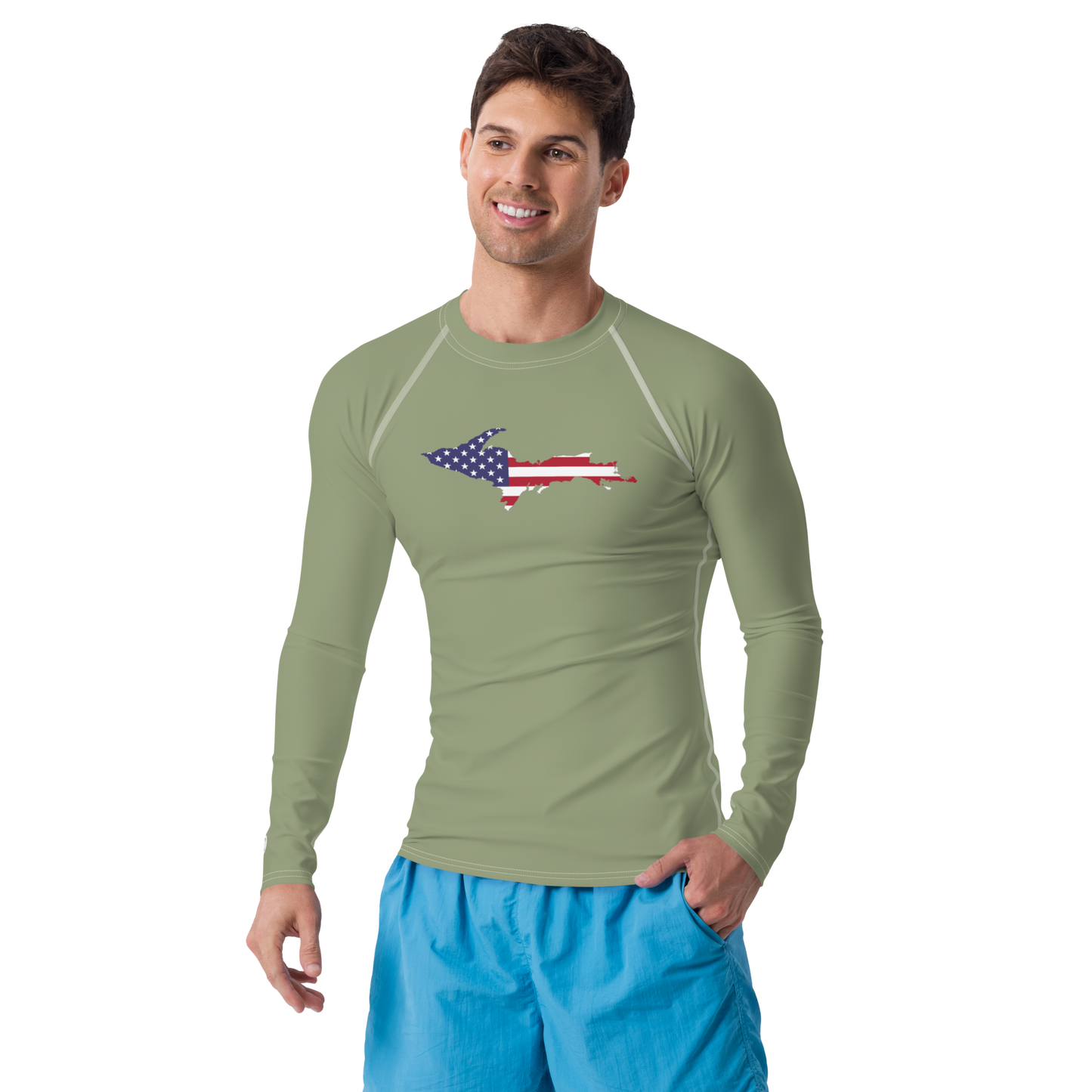 Michigan Upper Peninsula Rash Guard (w/ UP USA Flag) | Men's - Beachgrass Green