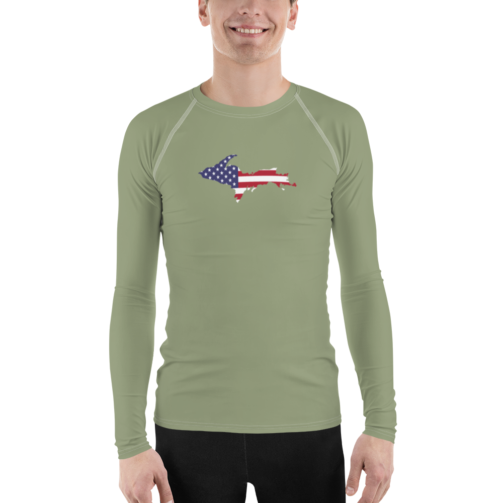 Michigan Upper Peninsula Rash Guard (w/ UP USA Flag) | Men's - Beachgrass Green