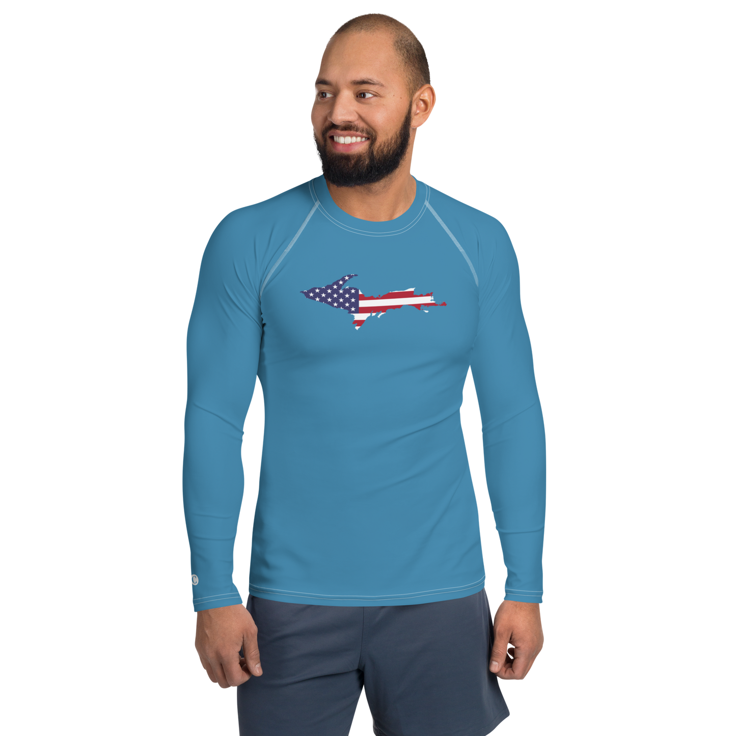 Michigan Upper Peninsula Rash Guard (w/ UP USA Flag) | Men's - Lake Michigan Blue