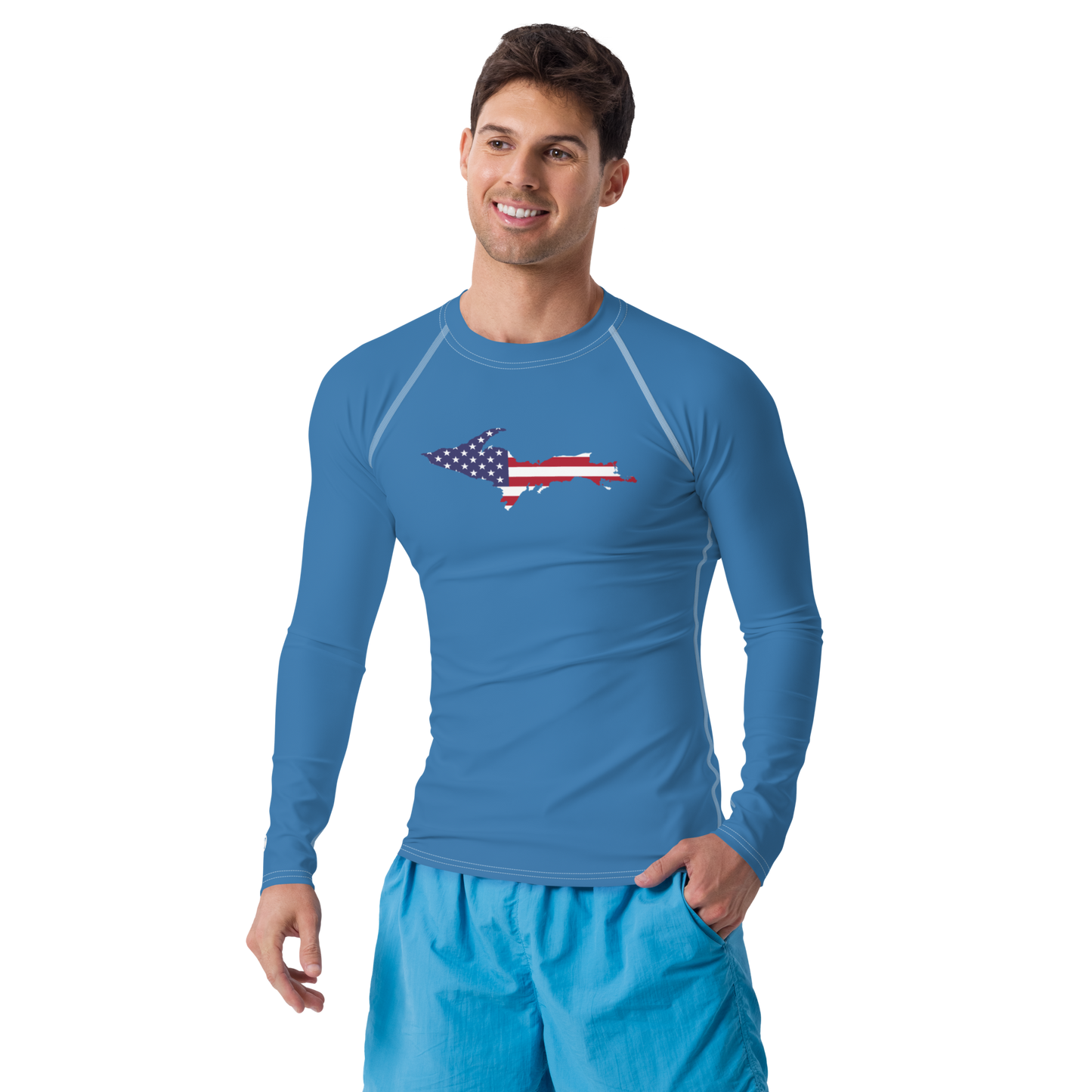 Michigan Upper Peninsula Rash Guard (w/ UP USA Flag) | Men's - Lake Superior Blue