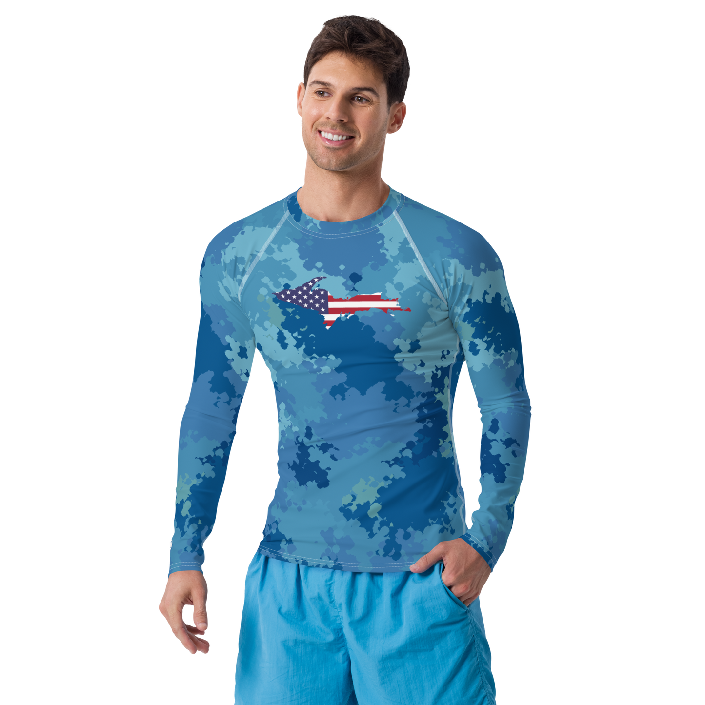 Michigan Upper Peninsula Rash Guard (w/ UP USA Flag) | Men's - Great Lakes Camo