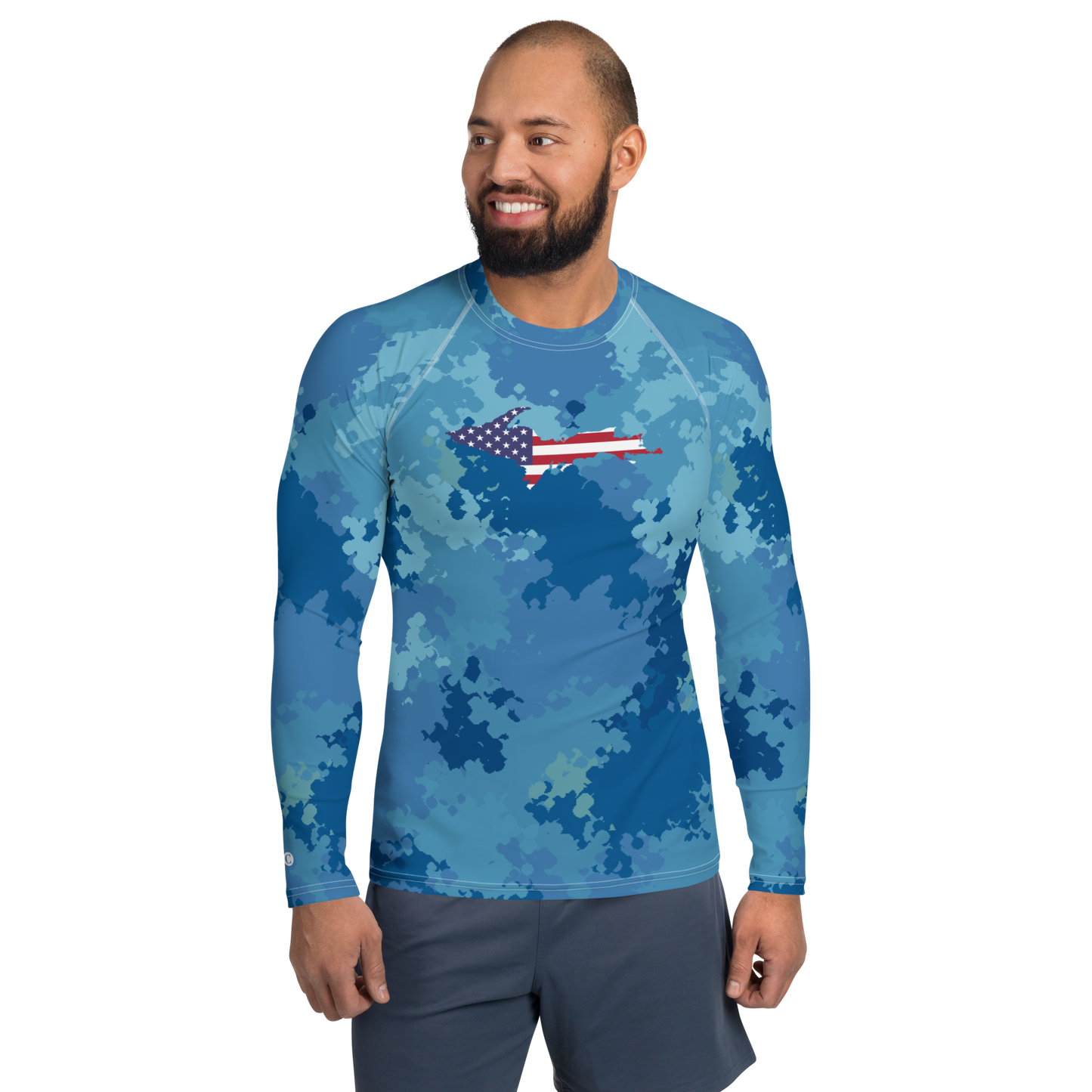 Michigan Upper Peninsula Rash Guard (w/ UP USA Flag) | Men's - Great Lakes Camo