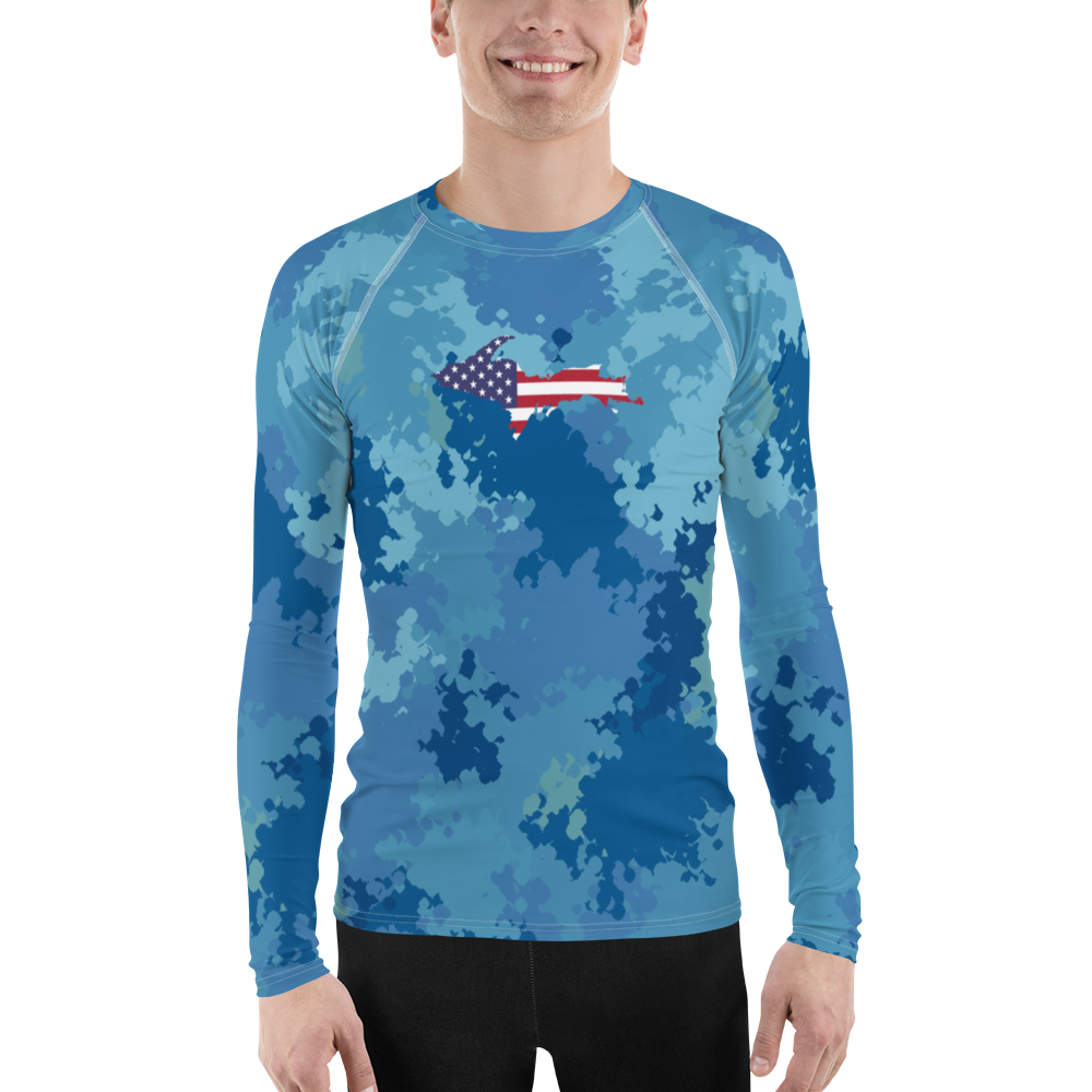 Michigan Upper Peninsula Rash Guard (w/ UP USA Flag) | Men's - Great Lakes Camo