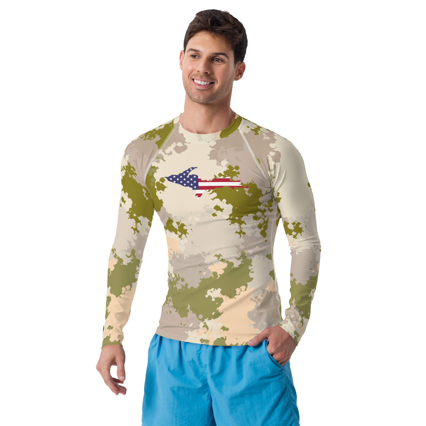 Michigan Upper Peninsula Rash Guard (w/ UP USA Flag) | Men's - Rosy Mound Camo