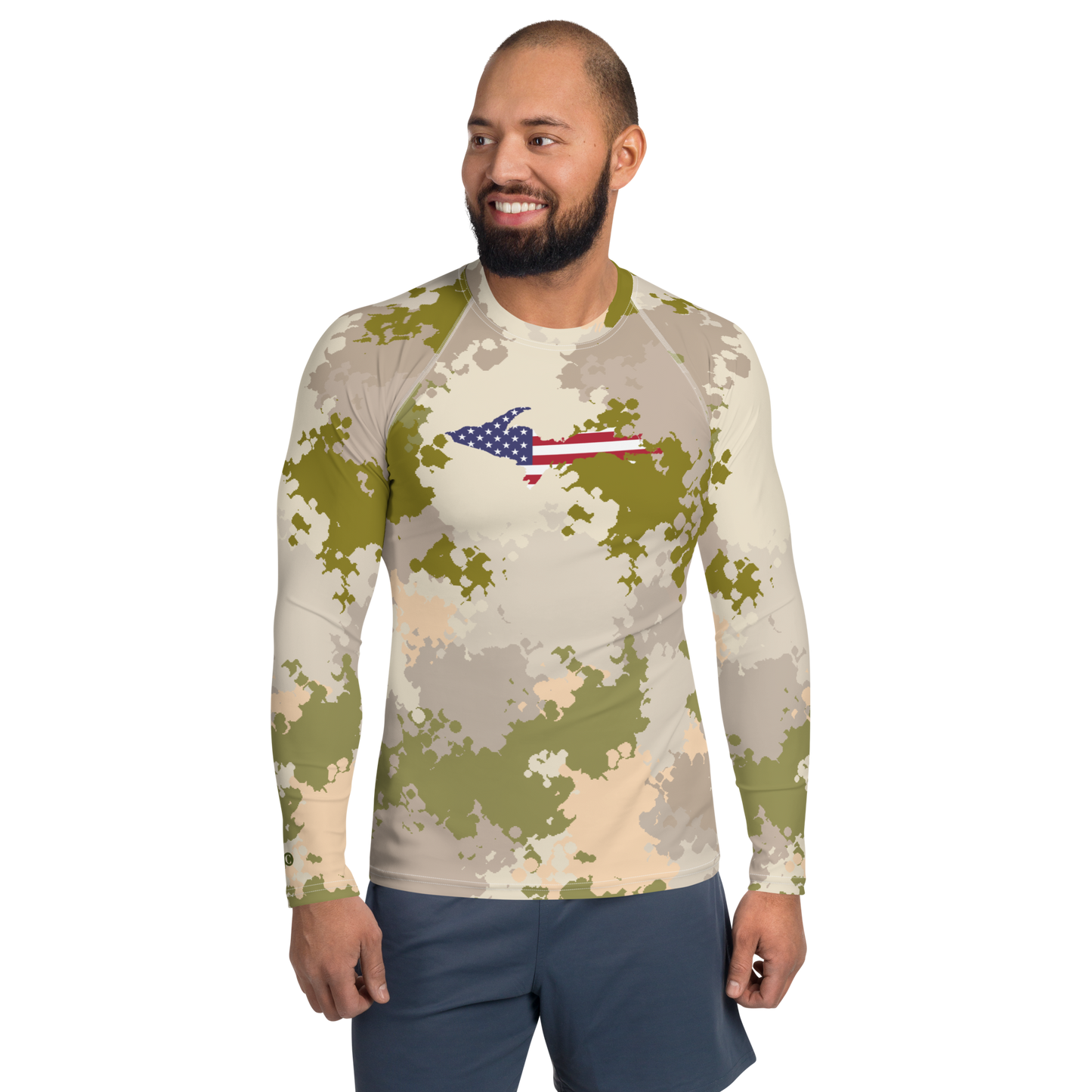 Michigan Upper Peninsula Rash Guard (w/ UP USA Flag) | Men's - Rosy Mound Camo