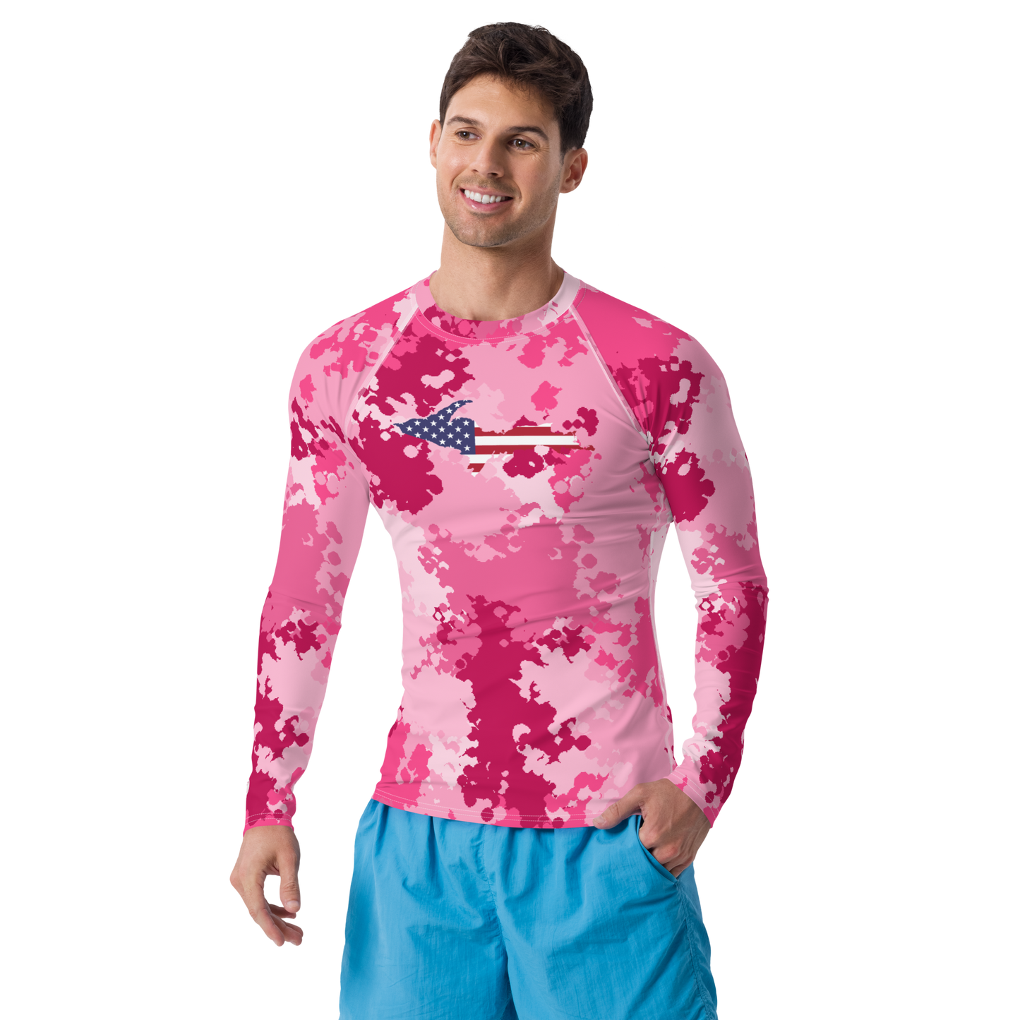 Michigan Upper Peninsula Rash Guard (w/ UP USA Flag) | Men's - Pink Camo