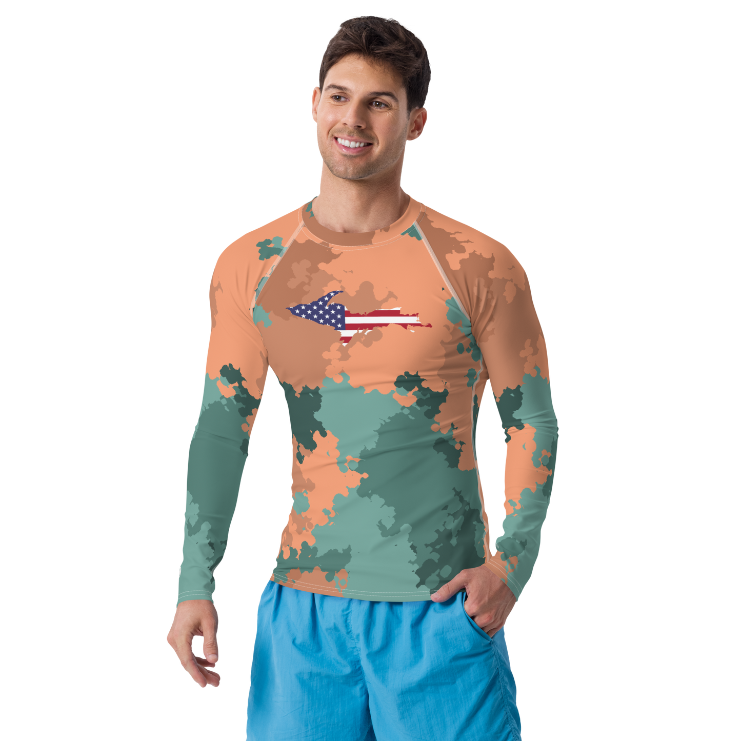 Michigan Upper Peninsula Rash Guard (w/ UP USA Flag) | Men's - Copper Country Camo