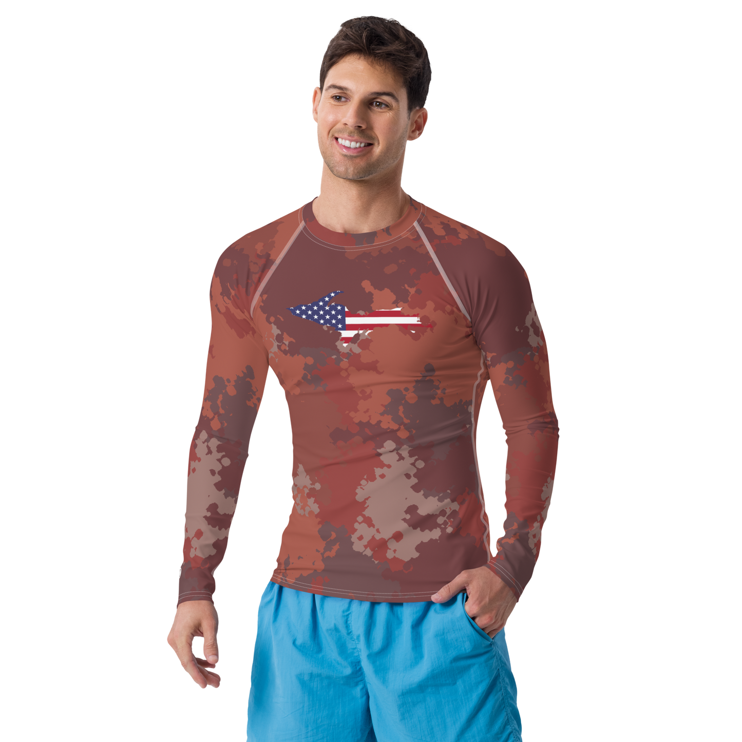 Michigan Upper Peninsula Rash Guard (w/ UP USA Flag) | Men's - Ore Dock Camo