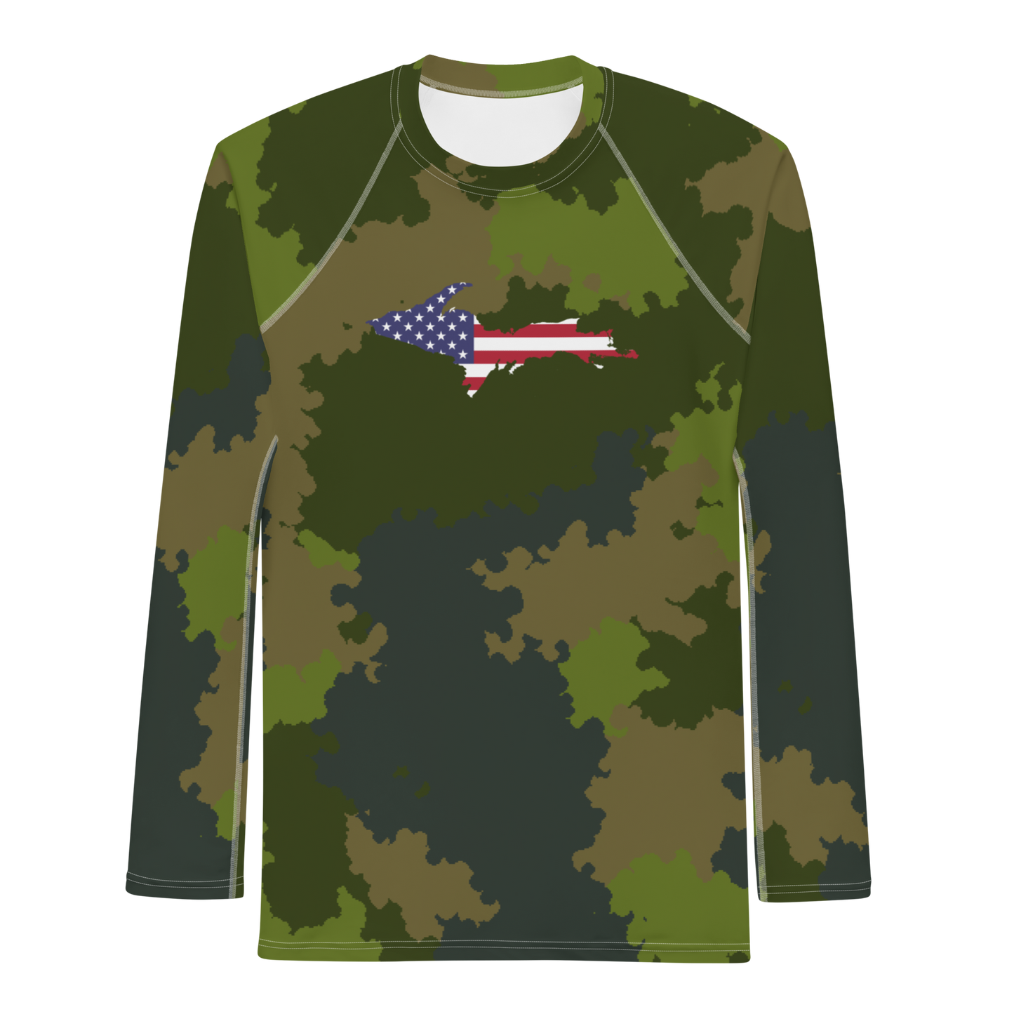 Michigan Upper Peninsula Rash Guard (w/ UP USA Flag) | Men's - Woodland Camo