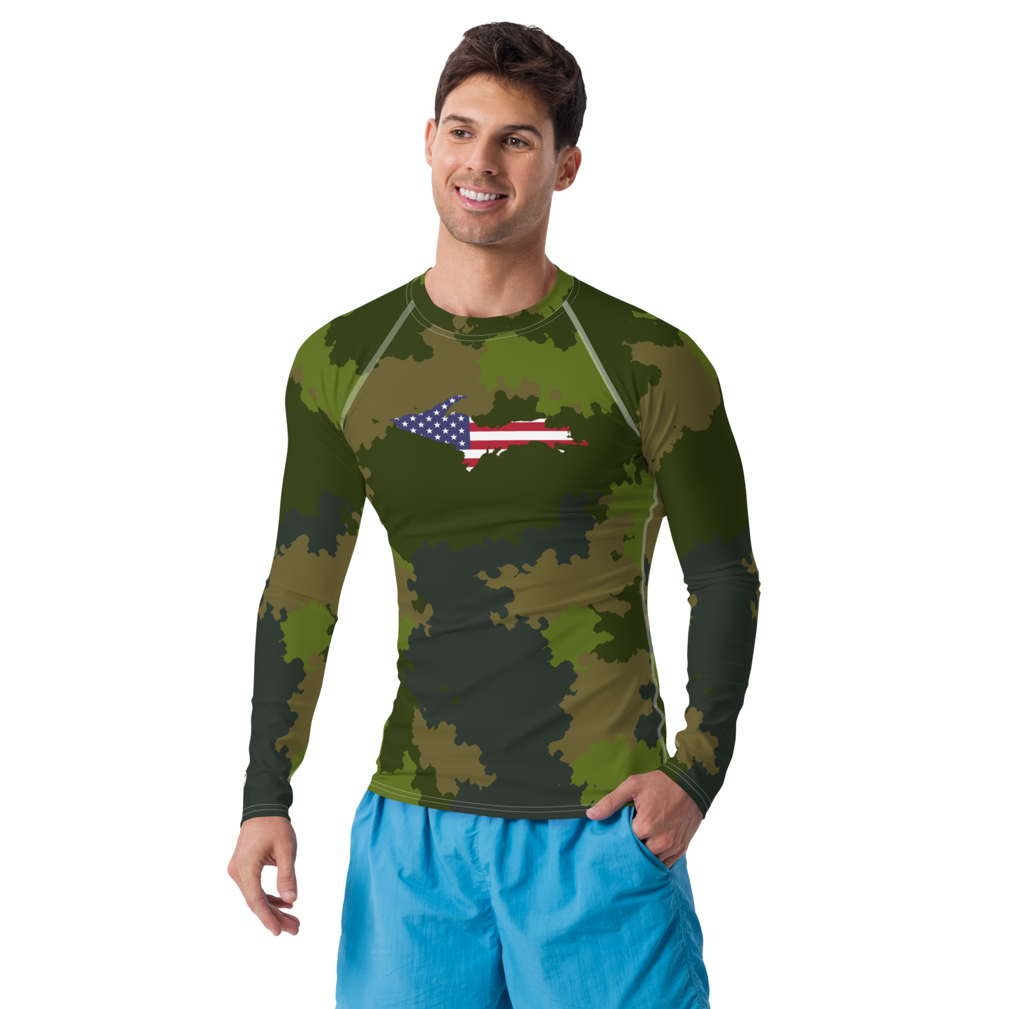 Michigan Upper Peninsula Rash Guard (w/ UP USA Flag) | Men's - Woodland Camo