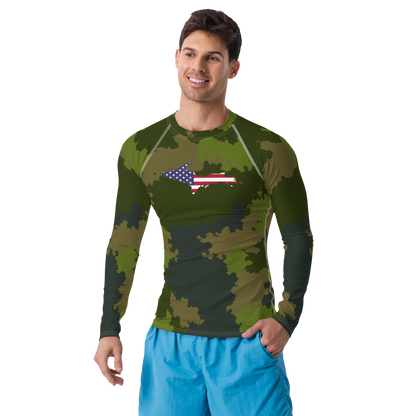 Michigan Upper Peninsula Rash Guard (w/ UP USA Flag) | Men's - Woodland Camo