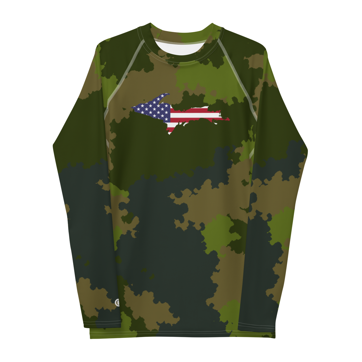 Michigan Upper Peninsula Rash Guard (w/ UP USA Flag) | Men's - Woodland Camo