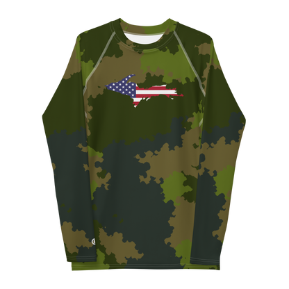 Michigan Upper Peninsula Rash Guard (w/ UP USA Flag) | Men's - Woodland Camo