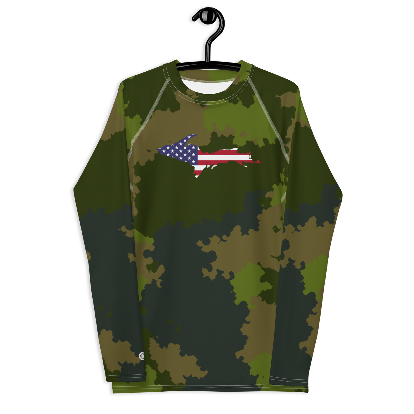 Michigan Upper Peninsula Rash Guard (w/ UP USA Flag) | Men's - Woodland Camo