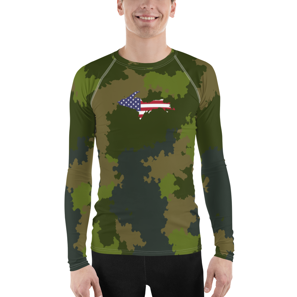 Michigan Upper Peninsula Rash Guard (w/ UP USA Flag) | Men's - Woodland Camo