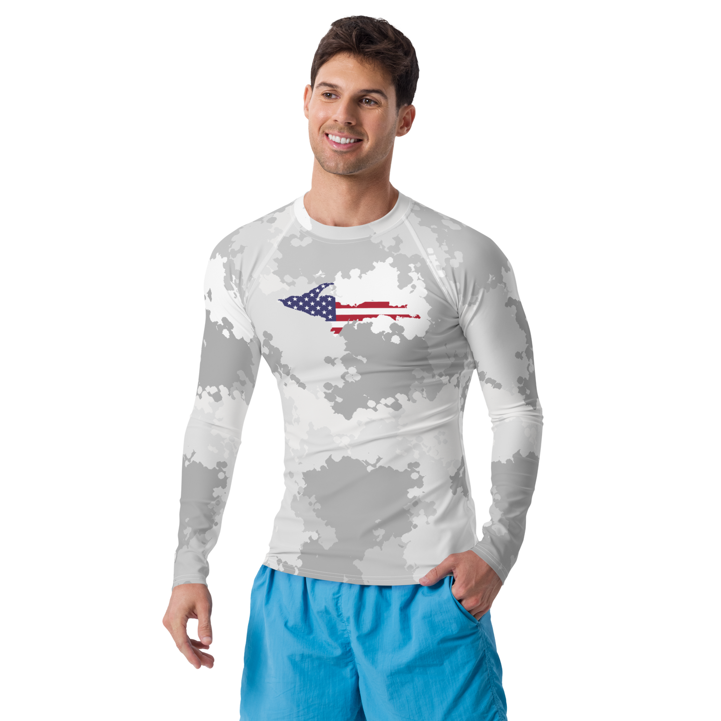 Michigan Upper Peninsula Rash Guard (w/ UP USA Flag) | Men's - Snow Camo