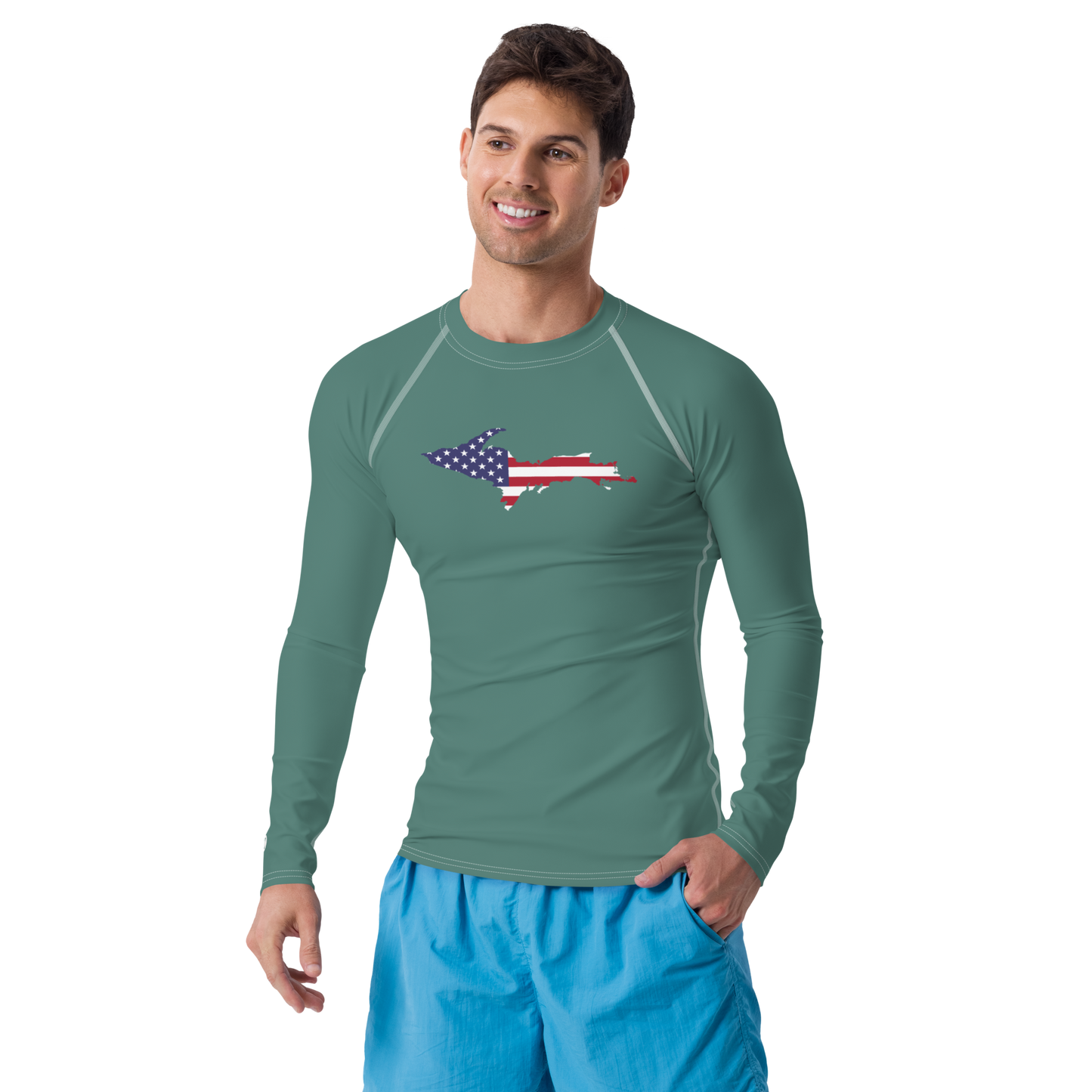 Michigan Upper Peninsula Rash Guard (w/ UP USA Flag) | Men's - Copper Green