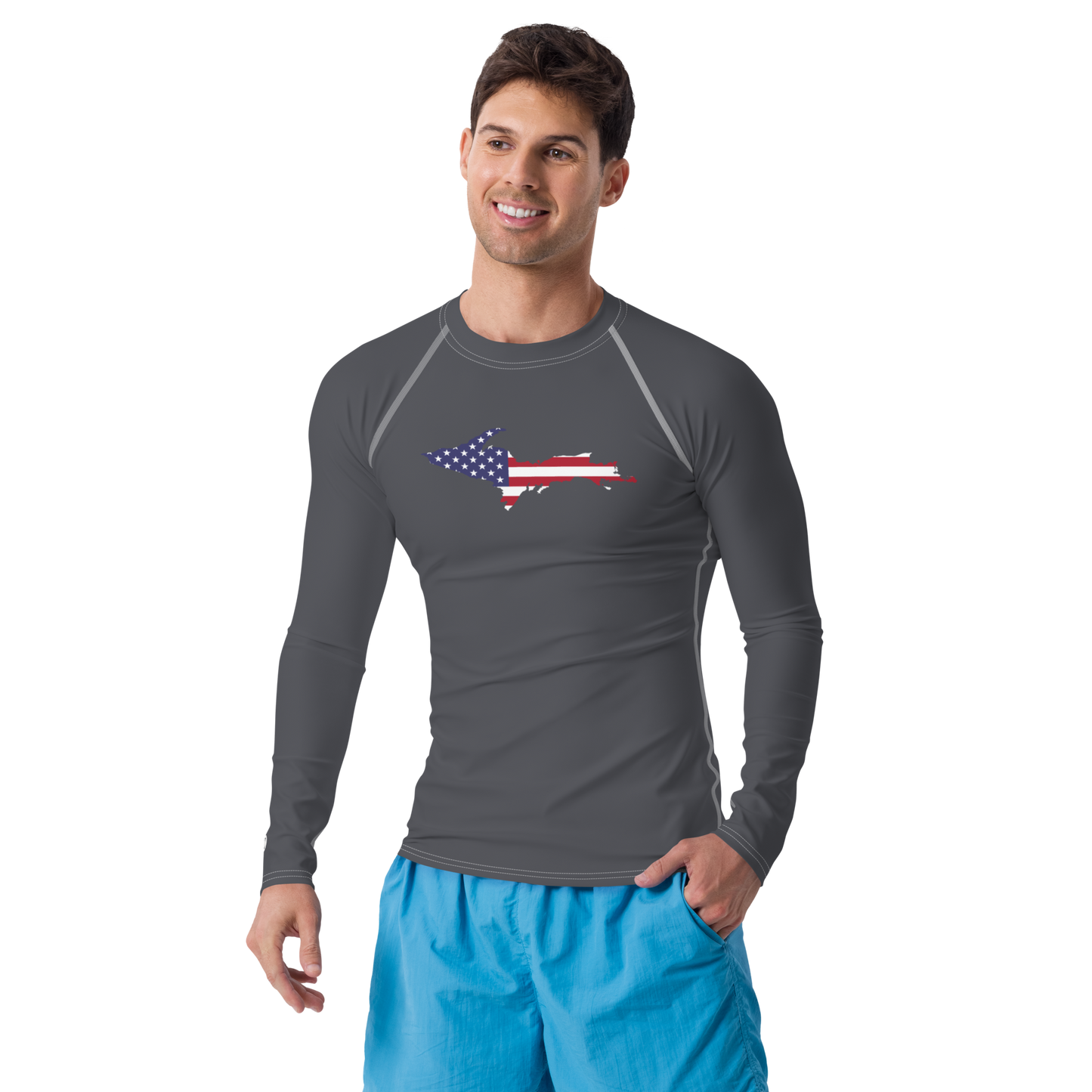 Michigan Upper Peninsula Rash Guard (w/ UP USA Flag) | Men's - Iron Ore Grey