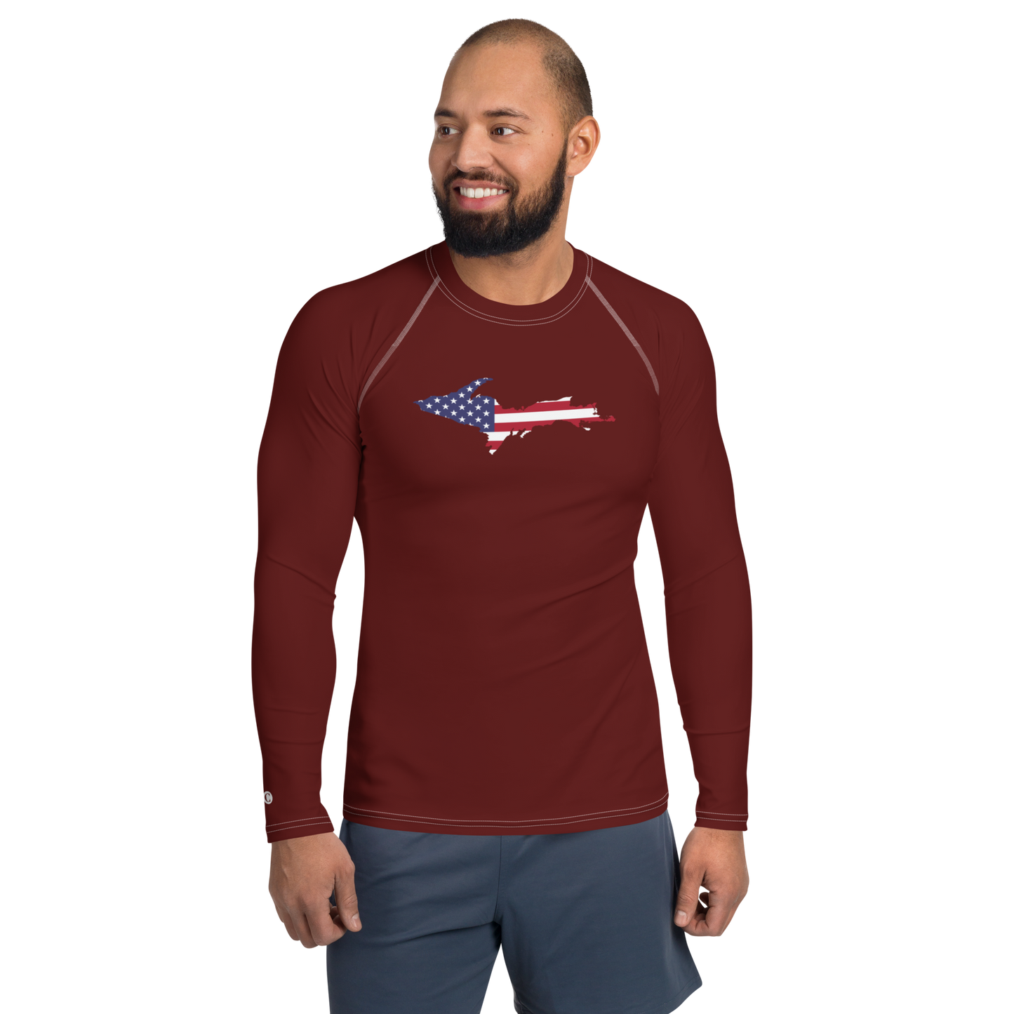 Michigan Upper Peninsula Rash Guard (w/ UP USA Flag) | Men's - Cherrywood Color