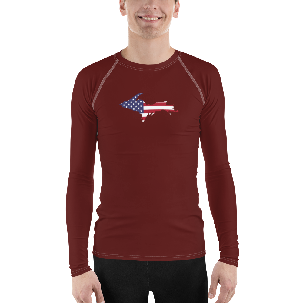 Michigan Upper Peninsula Rash Guard (w/ UP USA Flag) | Men's - Cherrywood Color