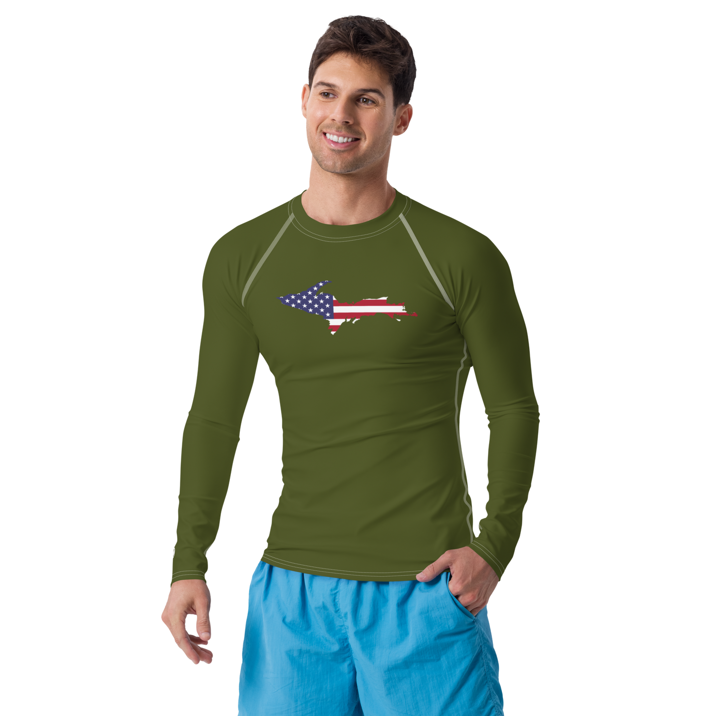 Michigan Upper Peninsula Rash Guard (w/ UP USA Flag) | Men's - Army Green