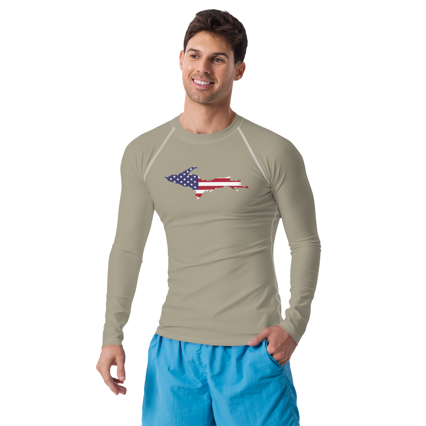 Michigan Upper Peninsula Rash Guard (w/ UP USA Flag) | Men's - Petoskey Stone Beige