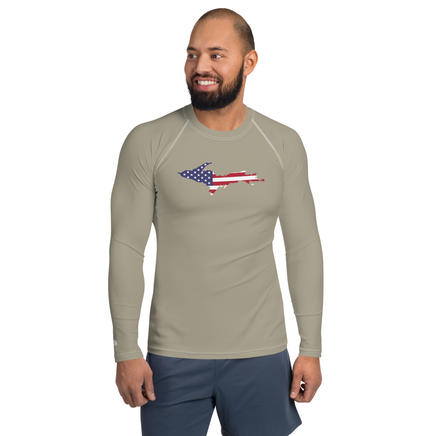 Michigan Upper Peninsula Rash Guard (w/ UP USA Flag) | Men's - Petoskey Stone Beige