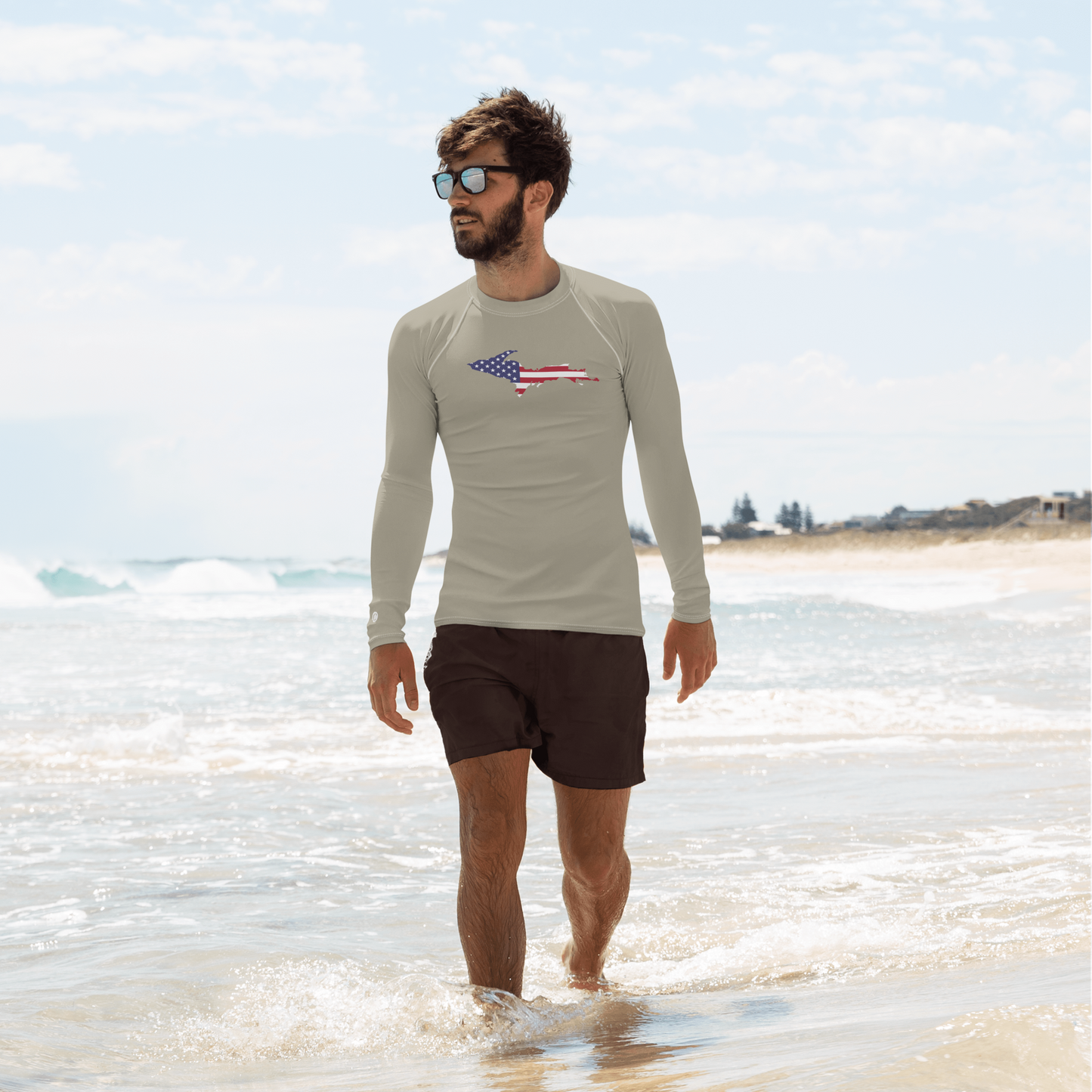 Michigan Upper Peninsula Rash Guard (w/ UP USA Flag) | Men's - Petoskey Stone Beige