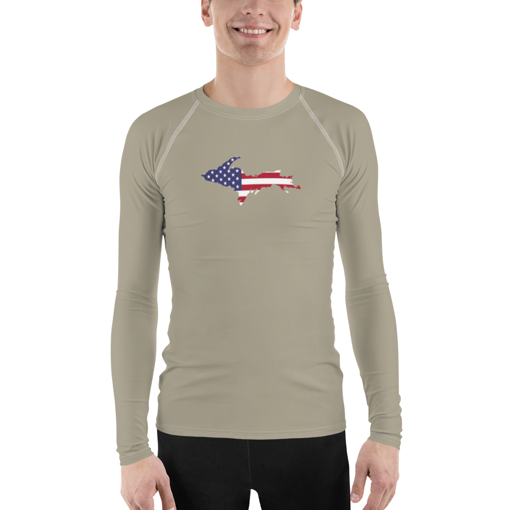 Michigan Upper Peninsula Rash Guard (w/ UP USA Flag) | Men's - Petoskey Stone Beige