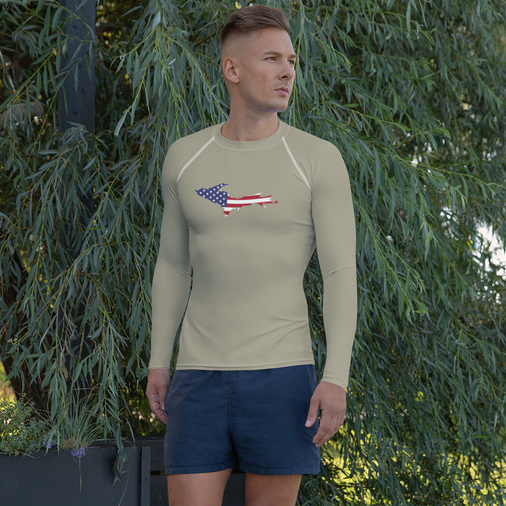 Michigan Upper Peninsula Rash Guard (w/ UP USA Flag) | Men's - Petoskey Stone Beige