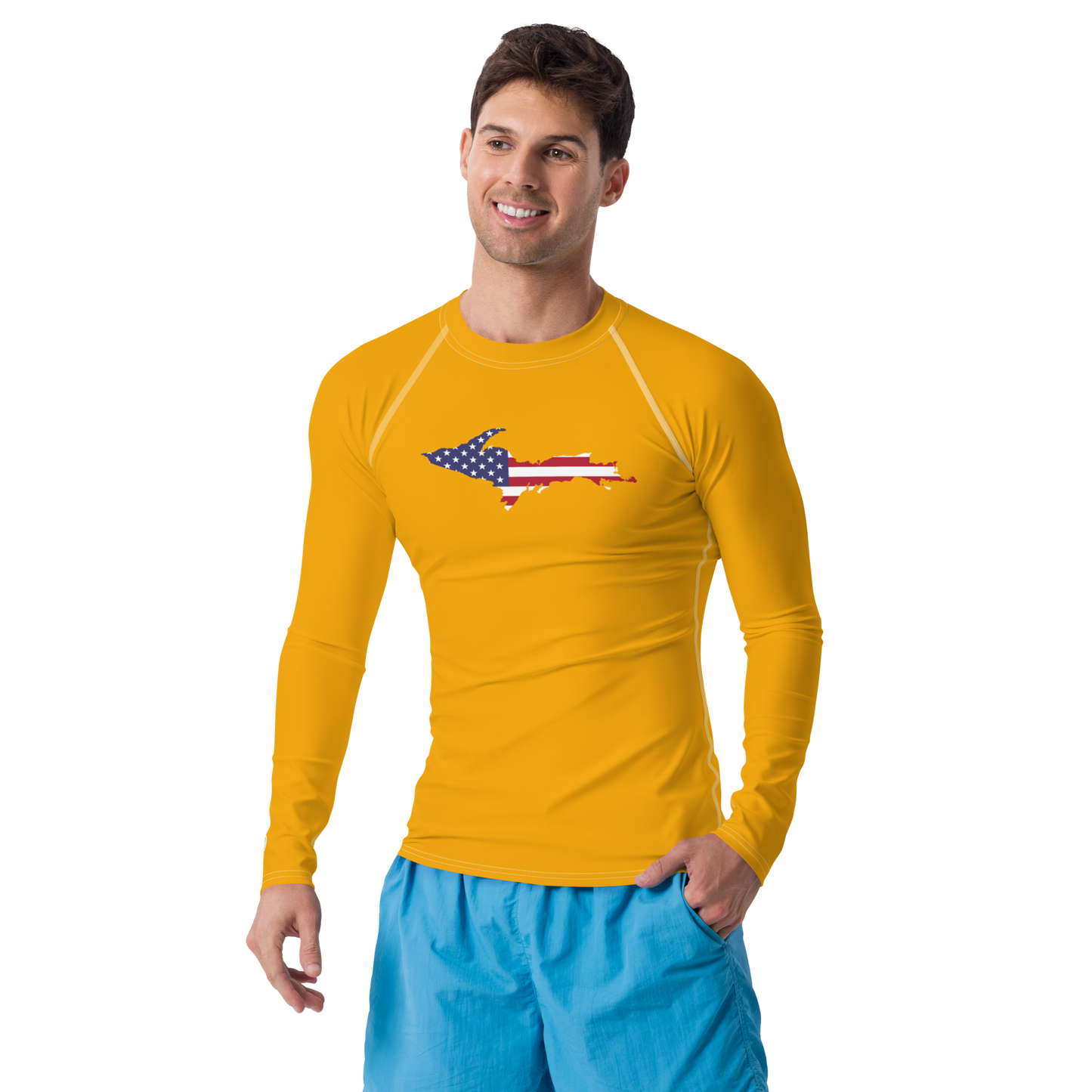 Michigan Upper Peninsula Rash Guard (w/ UP USA Flag) | Men's - Birch Leaf Orange