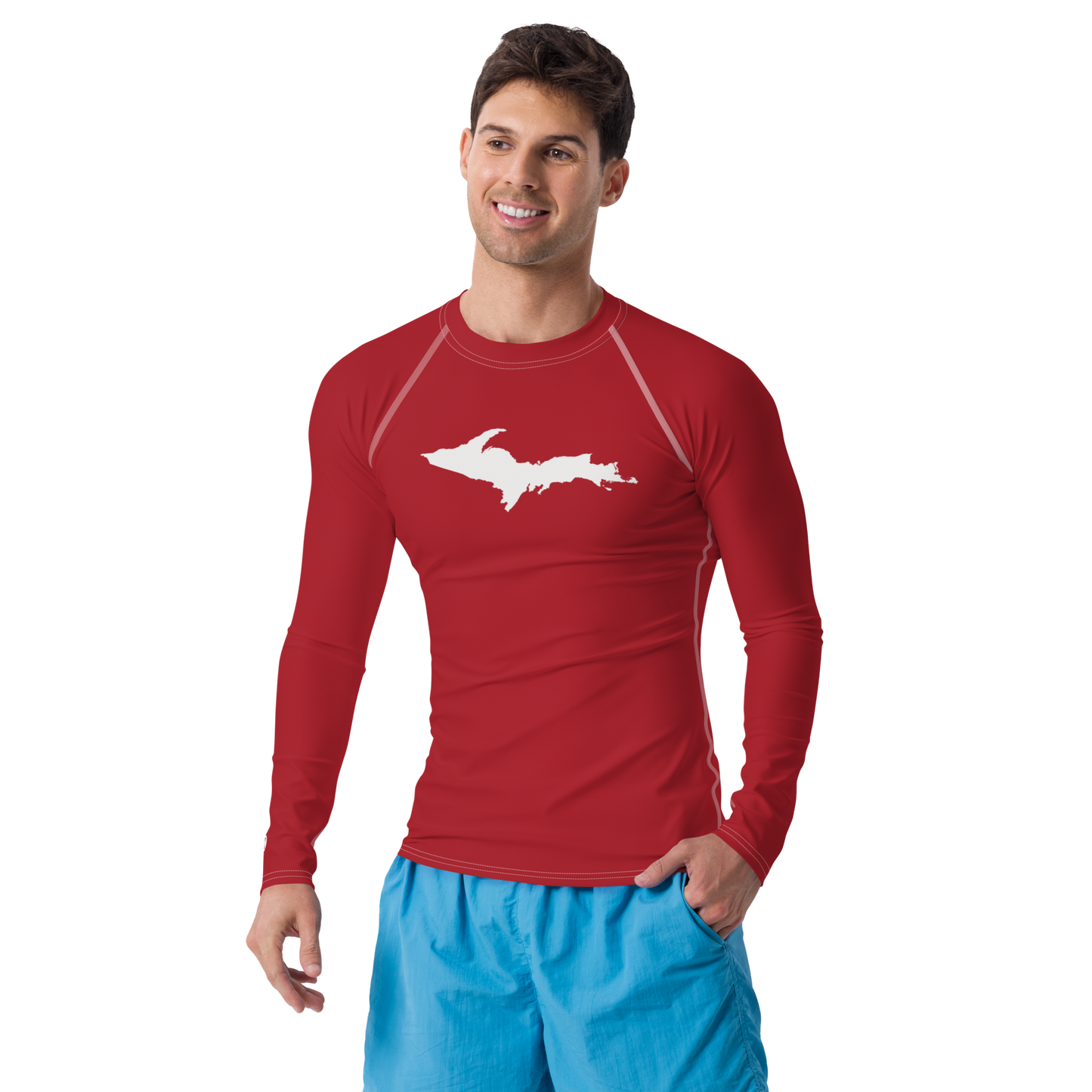 Michigan Upper Peninsula Rash Guard (w/ UP Outline) | Men's - Thimbleberry Red