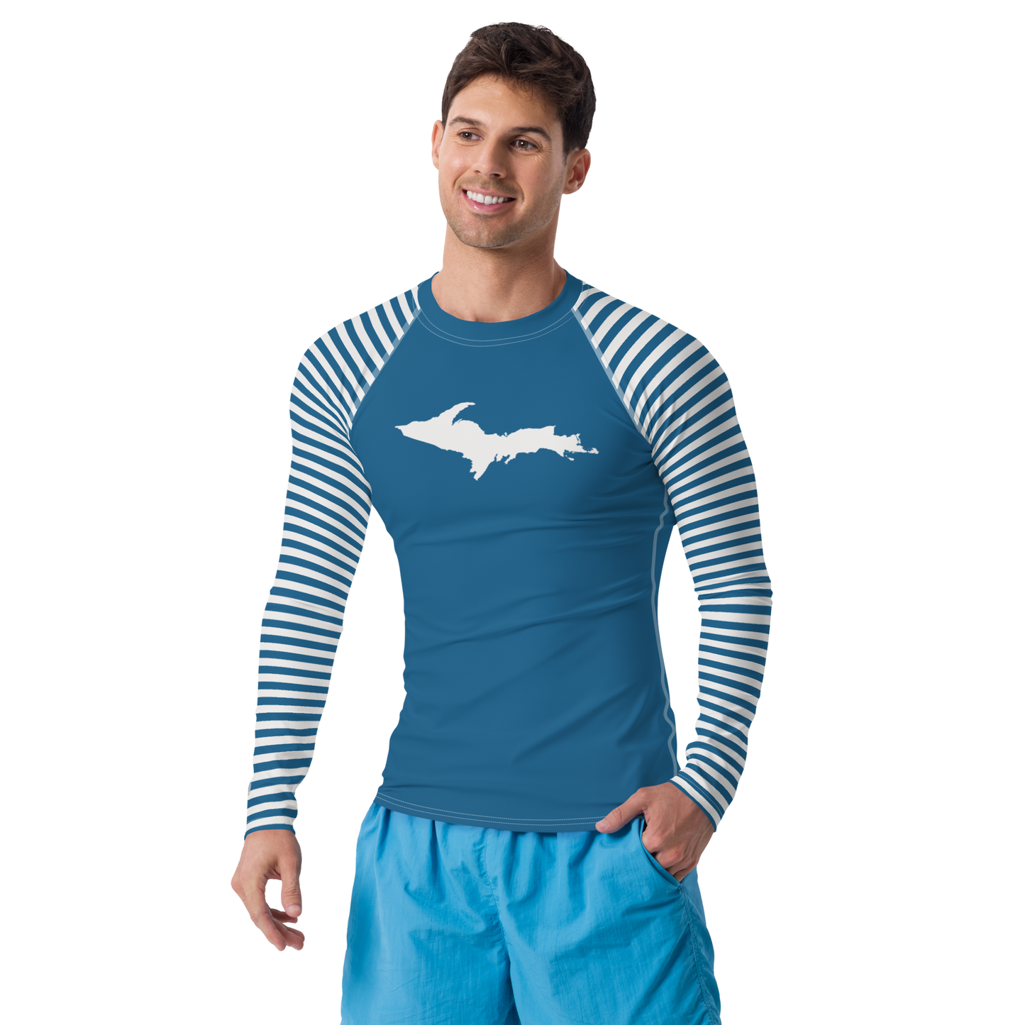 Michigan Upper Peninsula Rash Guard (w/ Stripes & UP Outline) | Men's - Blueberry