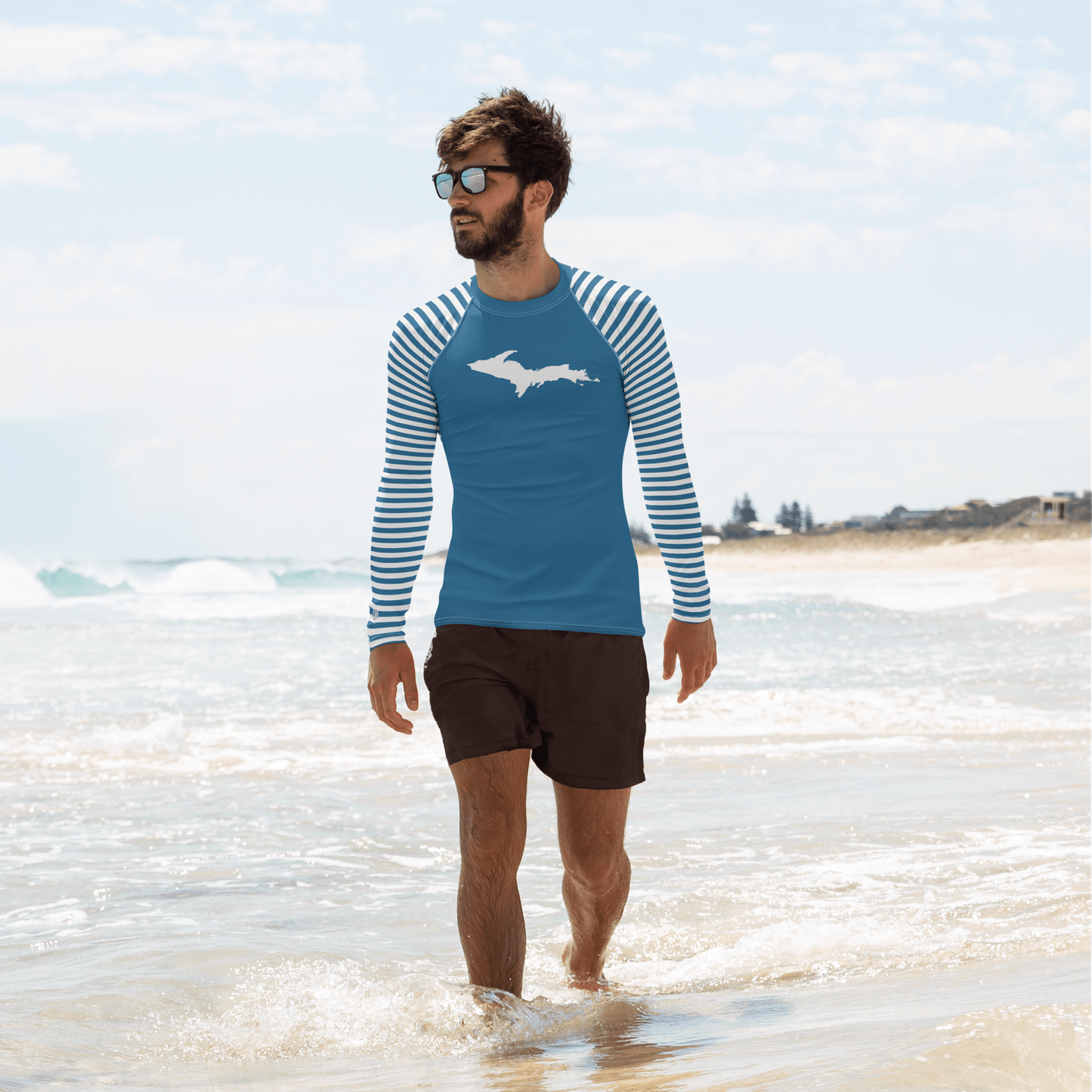 Michigan Upper Peninsula Rash Guard (w/ Stripes & UP Outline) | Men's - Blueberry