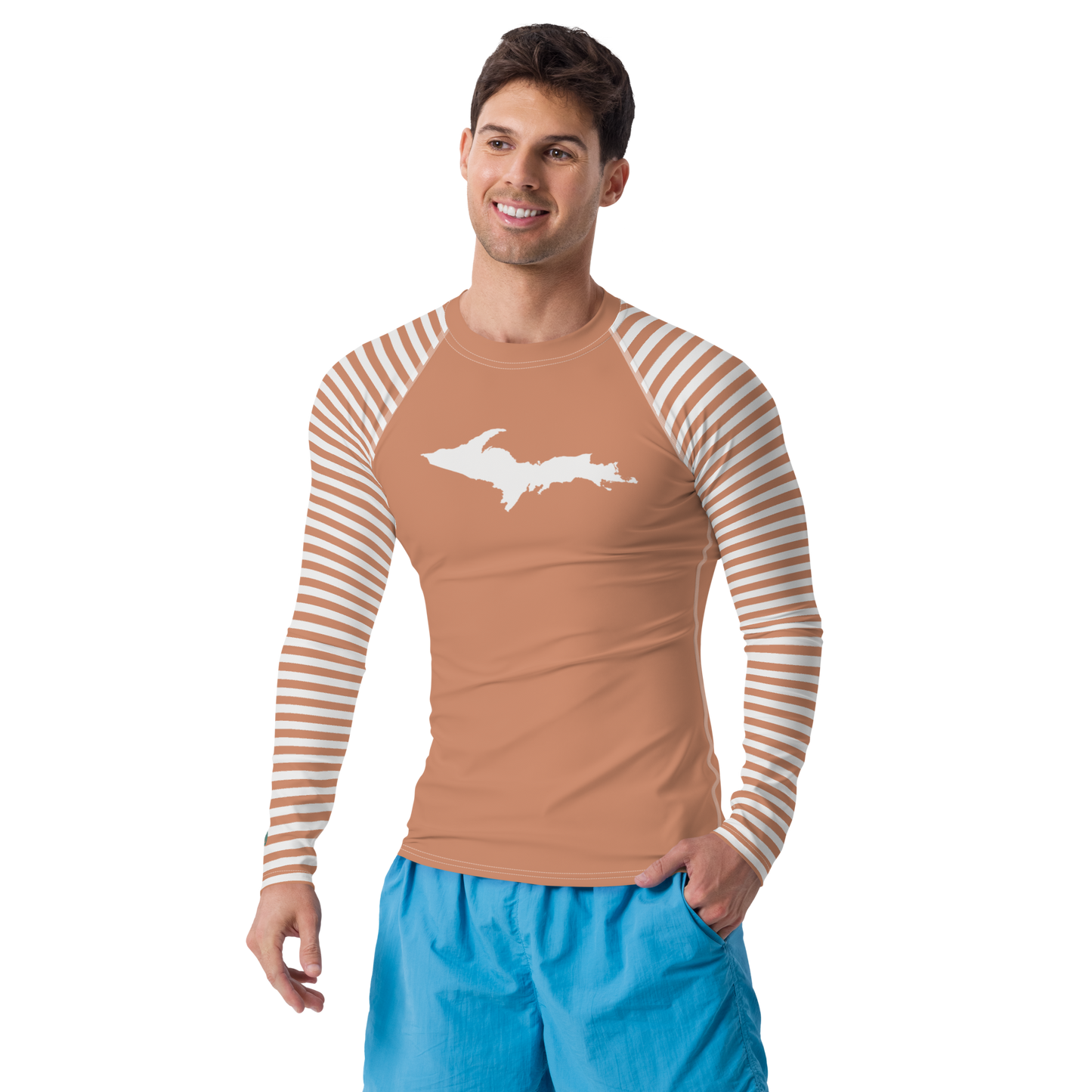 Michigan Upper Peninsula Rash Guard (Striped w/ UP Outline) | Men's - Copper Color